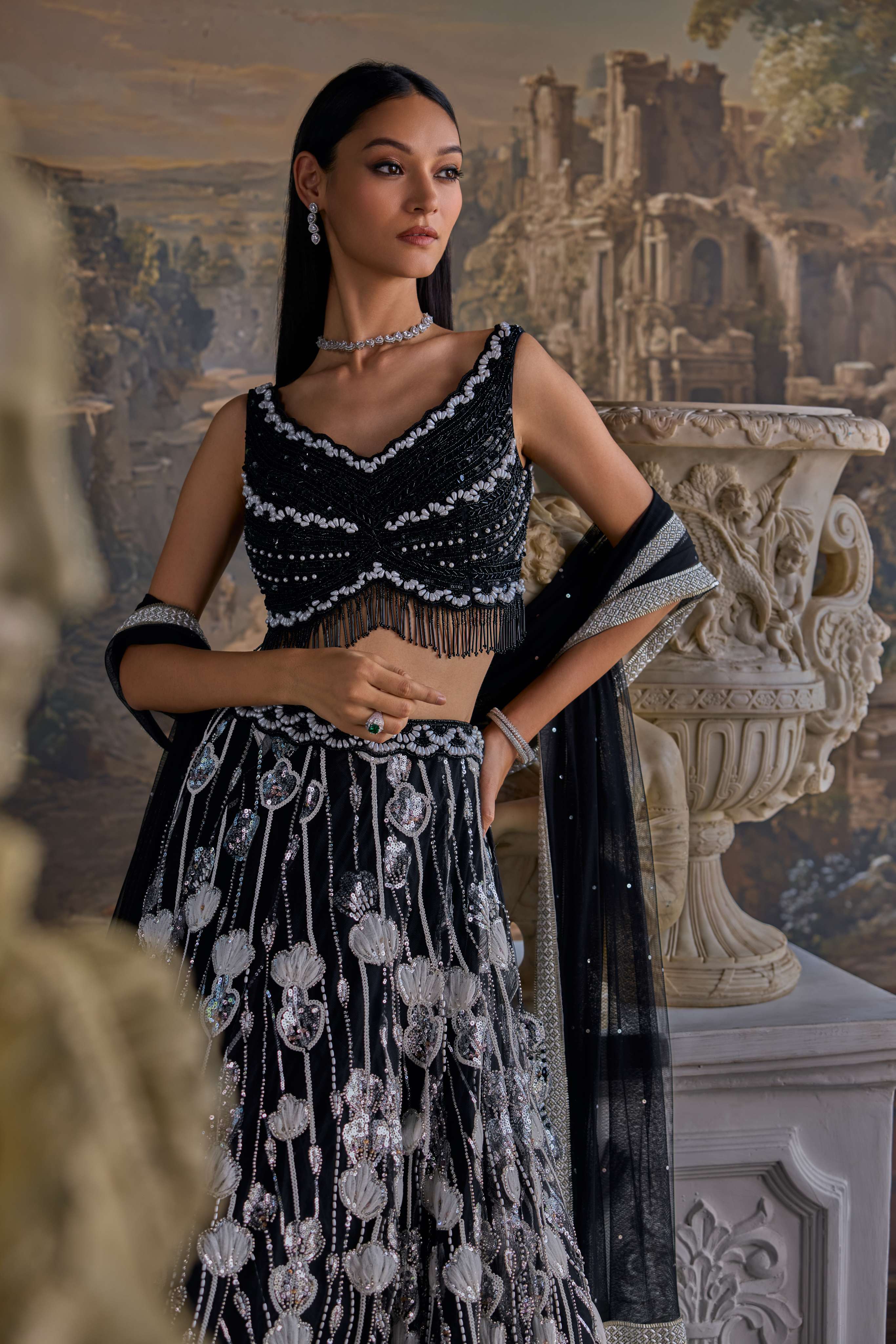 Black Net Heavy Hand Embroidered Ghagra Set - Image 4