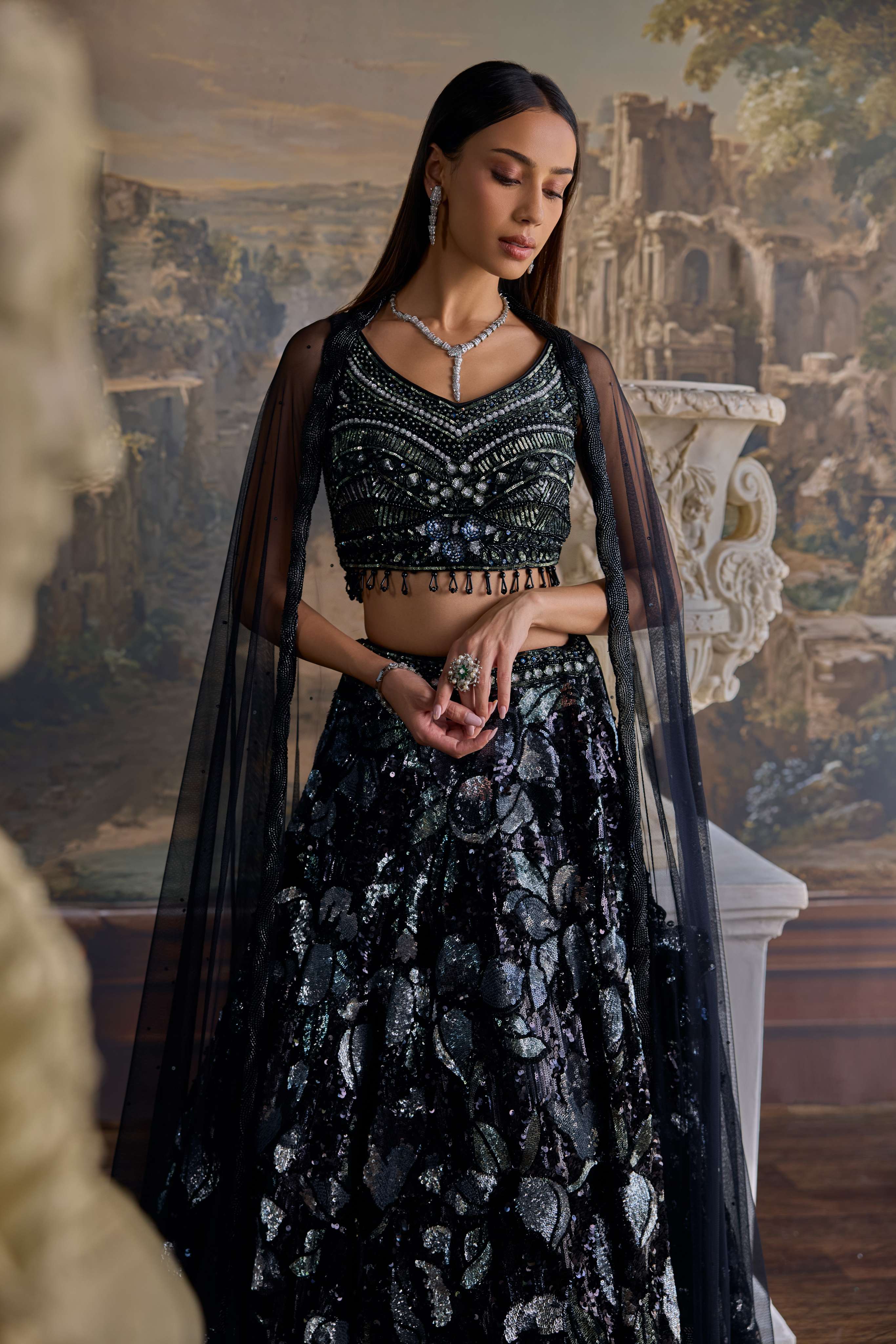 Black Net Sequins Work Ghagra Set - Image 3
