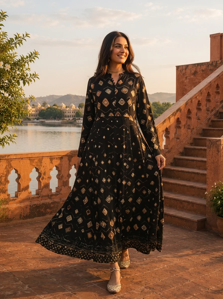 Black Rayon Earthy Diamond Butas Printed Dress