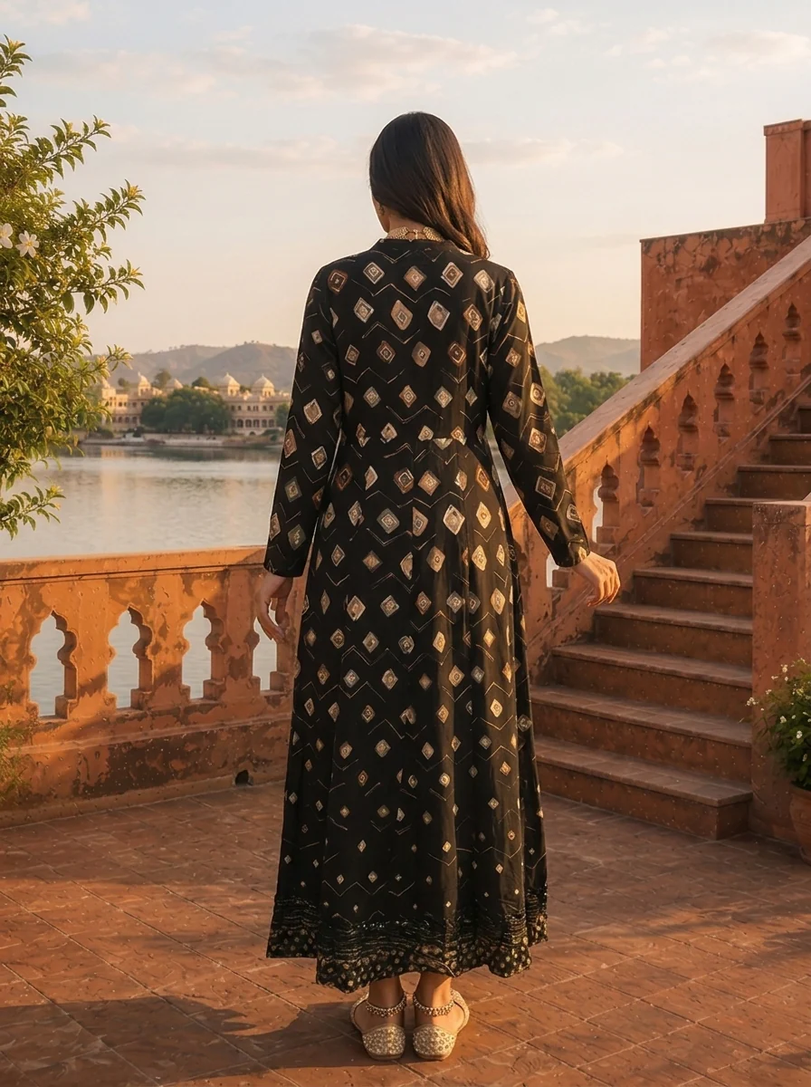 Black Rayon Earthy Diamond Butas Printed Dress - Image 2