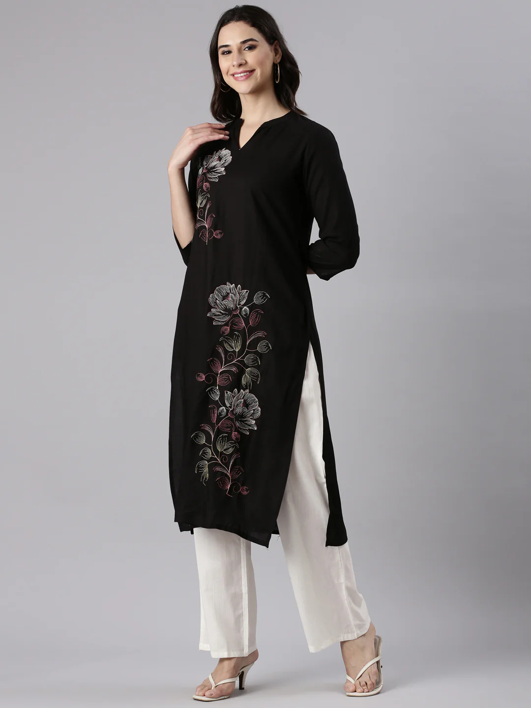 Black Rayon Embroidered Kurta - Image 2