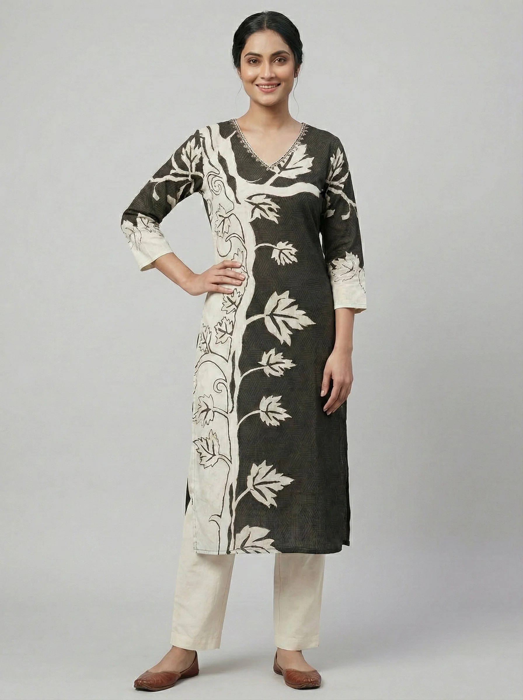 Black Rayon Floral Digital Print Kurta - Image 5