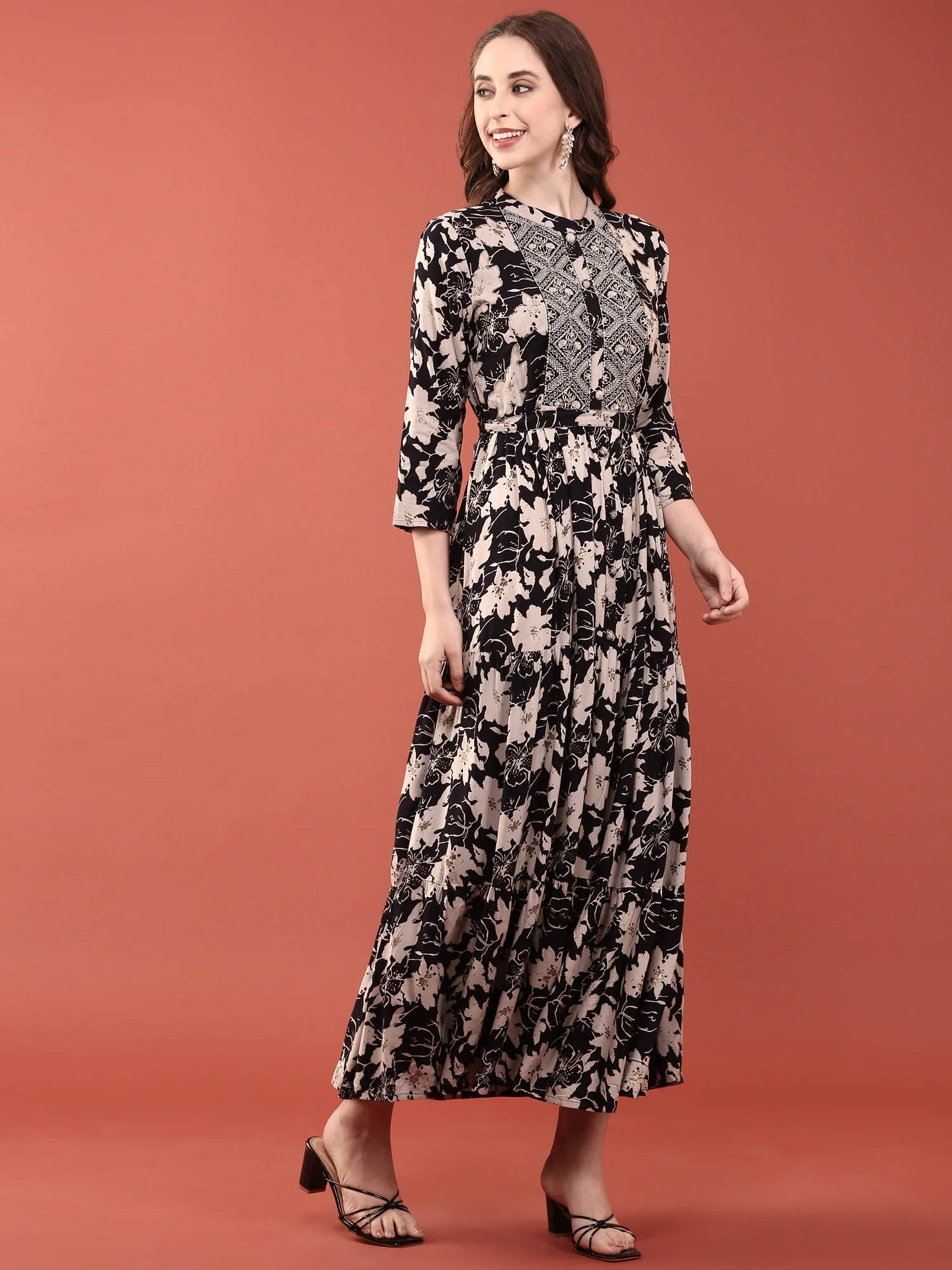 Black Rayon Floral Digital Print Long Dress - Image 2