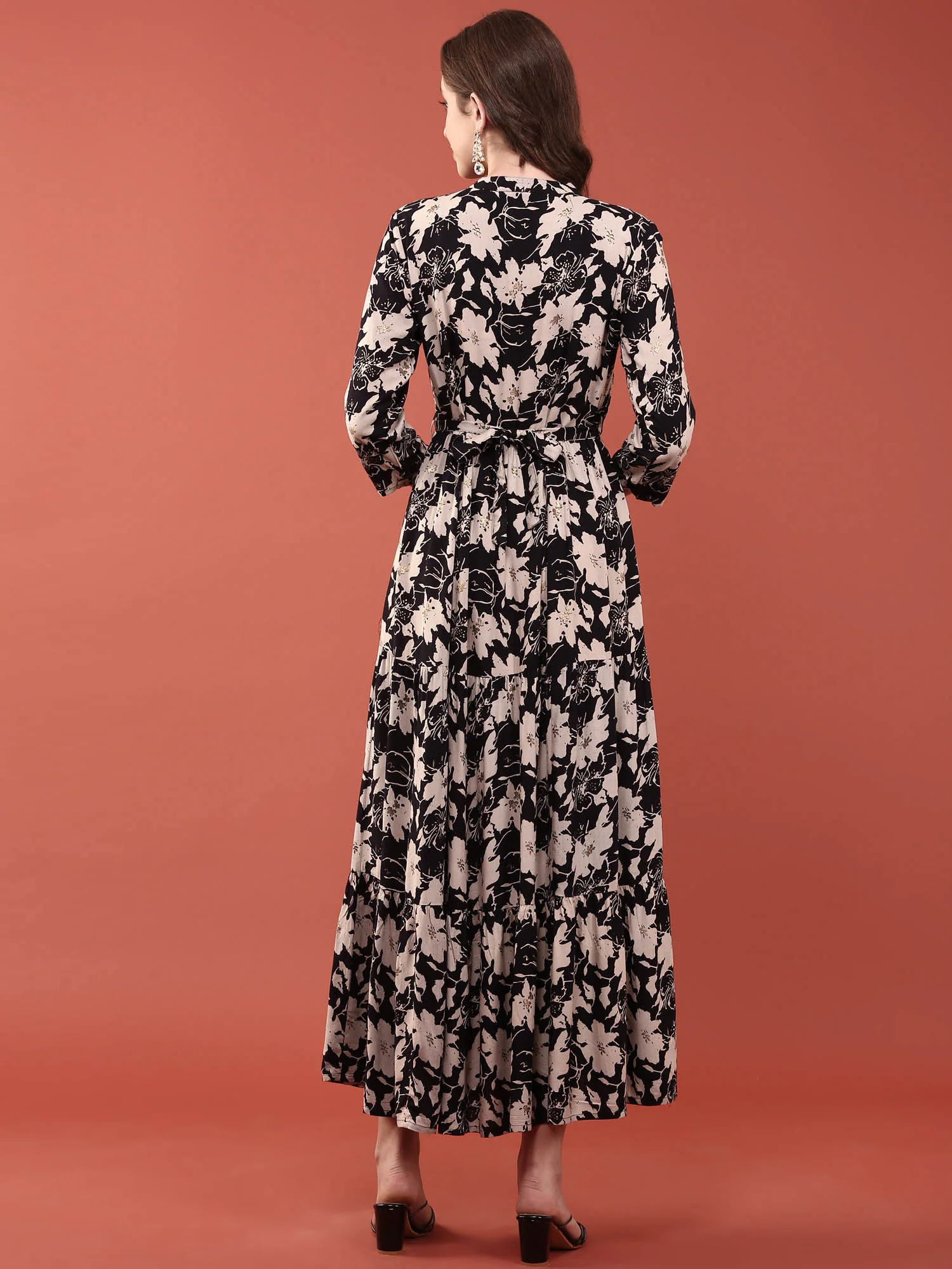 Black Rayon Floral Digital Print Long Dress - Image 3