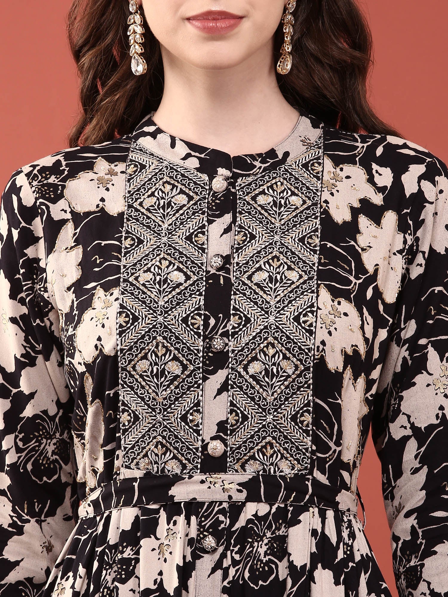 Black Rayon Floral Digital Print Long Dress - Image 4