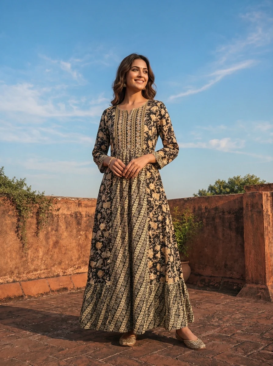 Black Rayon Floral Geometric Printed Long Dress - Image 3