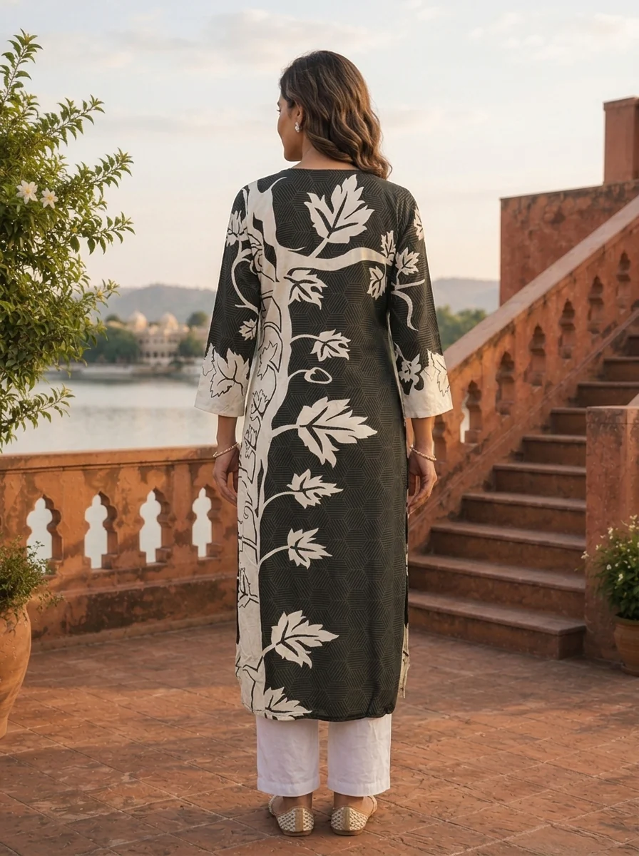 Black Rayon Geometric Botanical Printed Kurta - Image 2