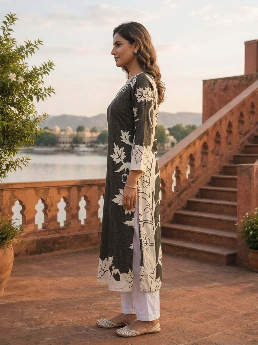Black Rayon Geometric Botanical Printed Kurta - Image 3