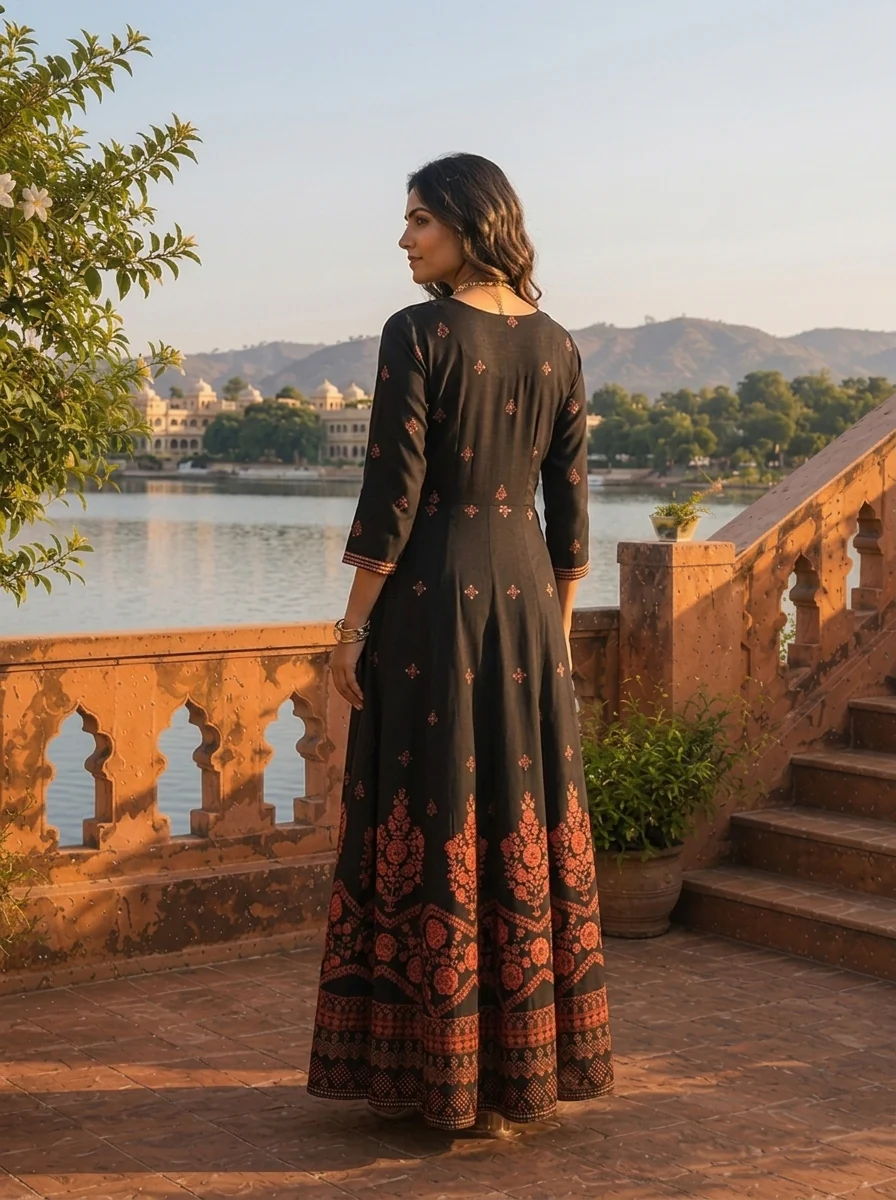 Black Rayon Geometric Resham Embroidered Dress - Image 2