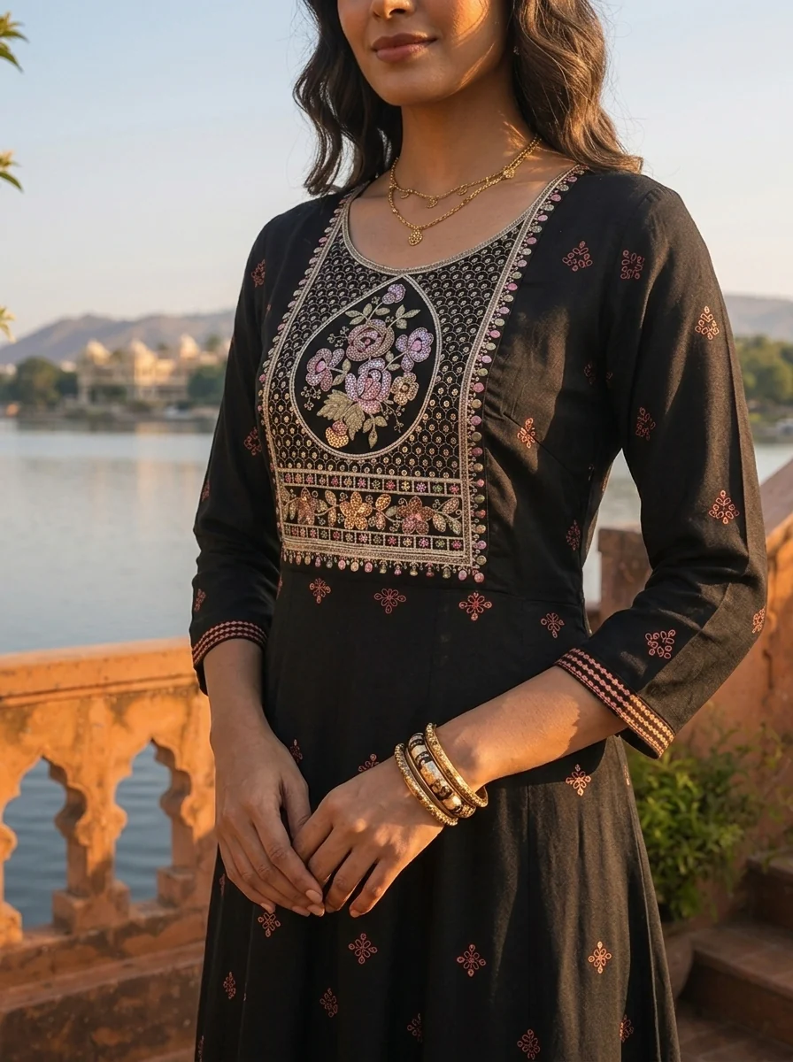 Black Rayon Geometric Resham Embroidered Dress - Image 4