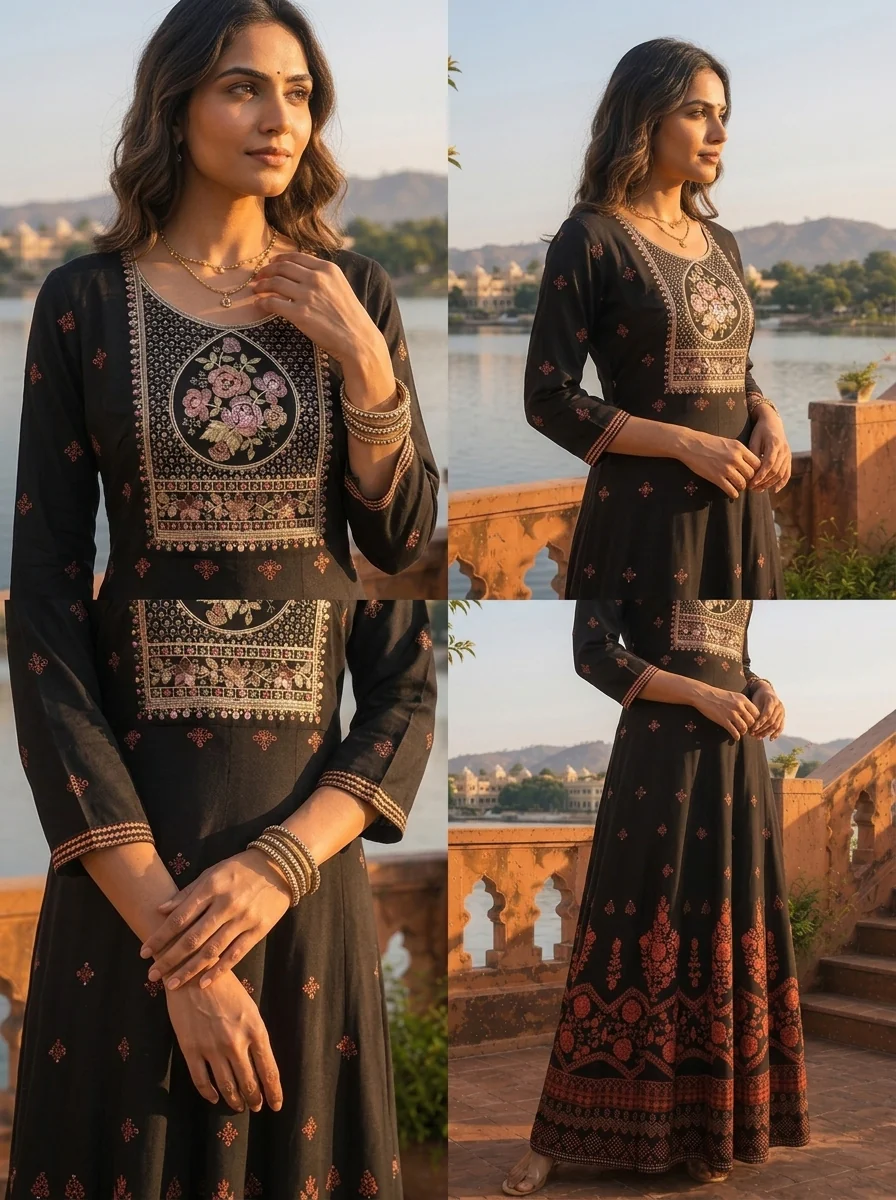 Black Rayon Geometric Resham Embroidered Dress - Image 5