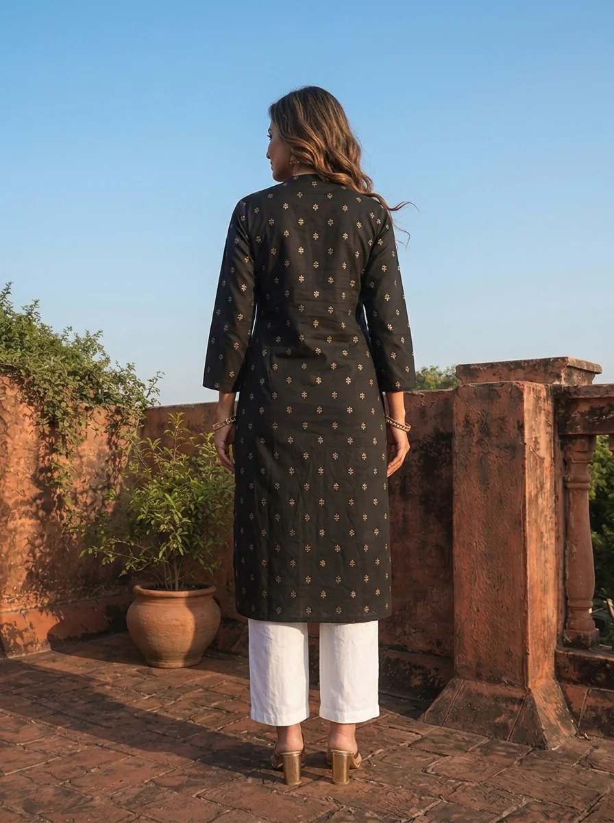 Black Rayon Gold Buti Printed Kurta - Image 2