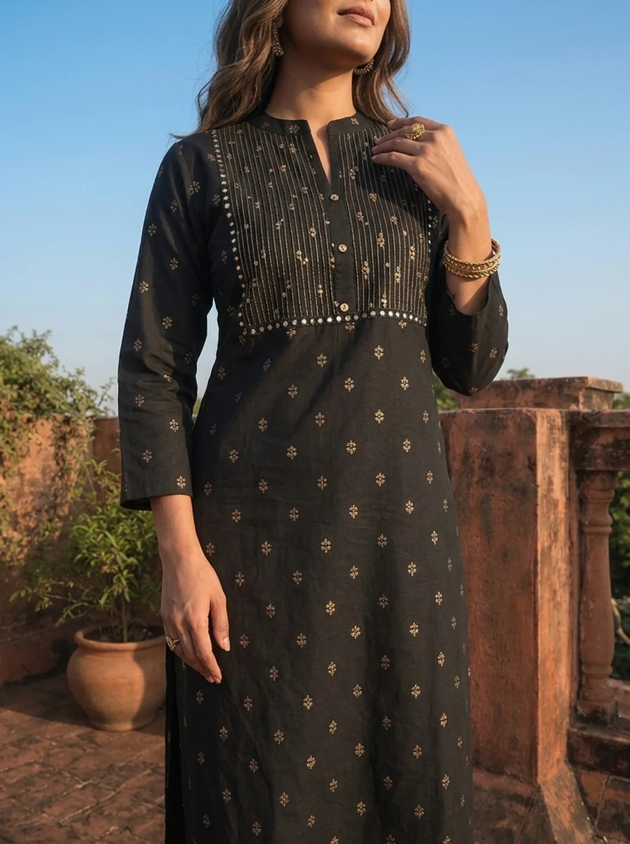 Black Rayon Gold Buti Printed Kurta - Image 4