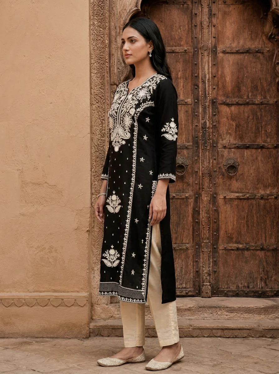 Black Rayon Heavy Floral And Paisley Thread Embroidery Kurta - Image 3