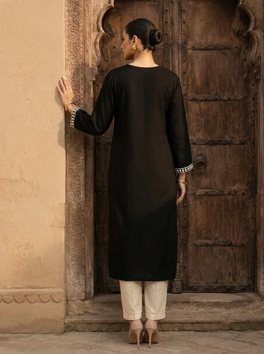 Black Rayon Heavy Floral Thread Embroidery Kurta - Image 2