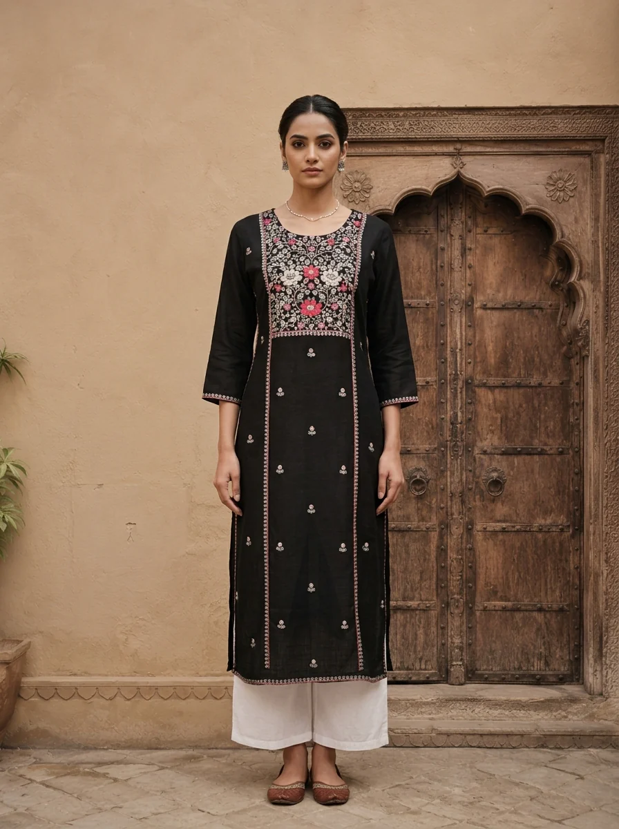 Black Rayon Heavy Floral Thread Embroidery Kurta - Image 2