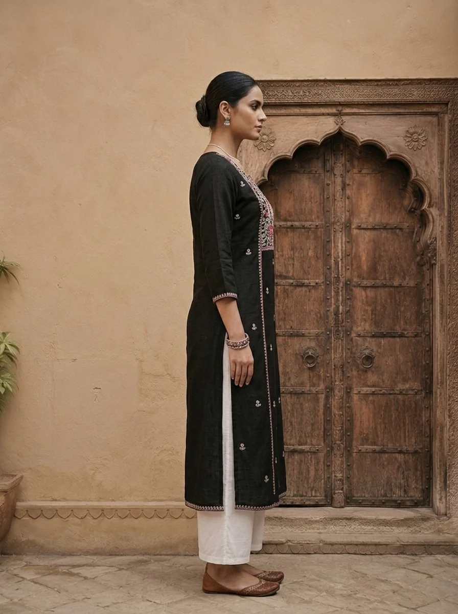 Black Rayon Heavy Floral Thread Embroidery Kurta - Image 4