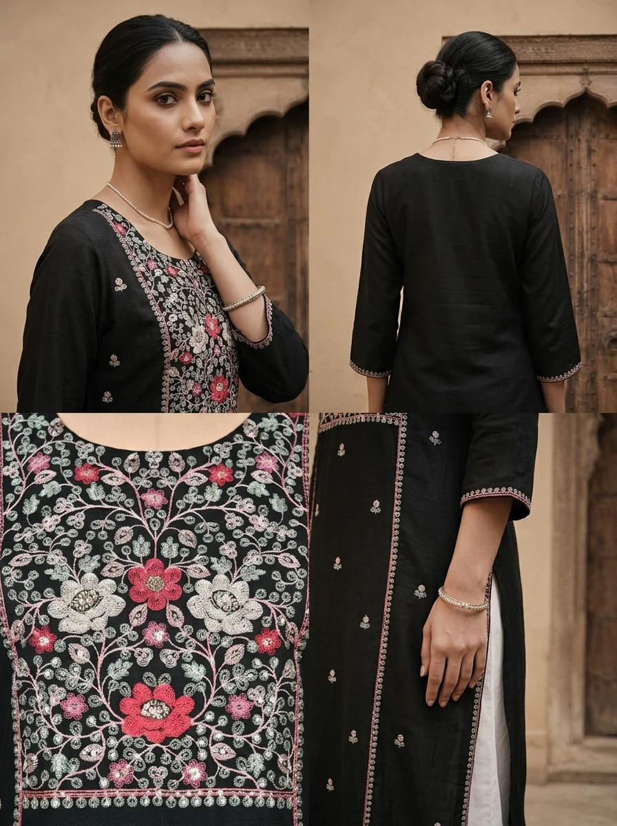 Black Rayon Heavy Floral Thread Embroidery Kurta - Image 5