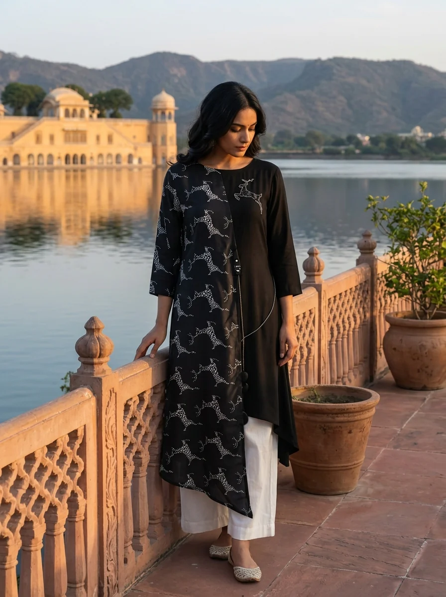 Black Rayon Reindeer Printed Kurta