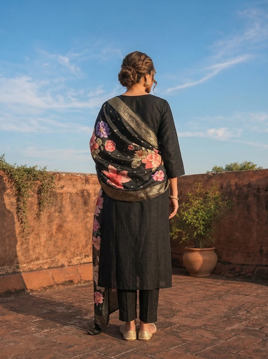 Black Rayon Tiny Golden Butti Embroidered Three Piece Set - Image 2