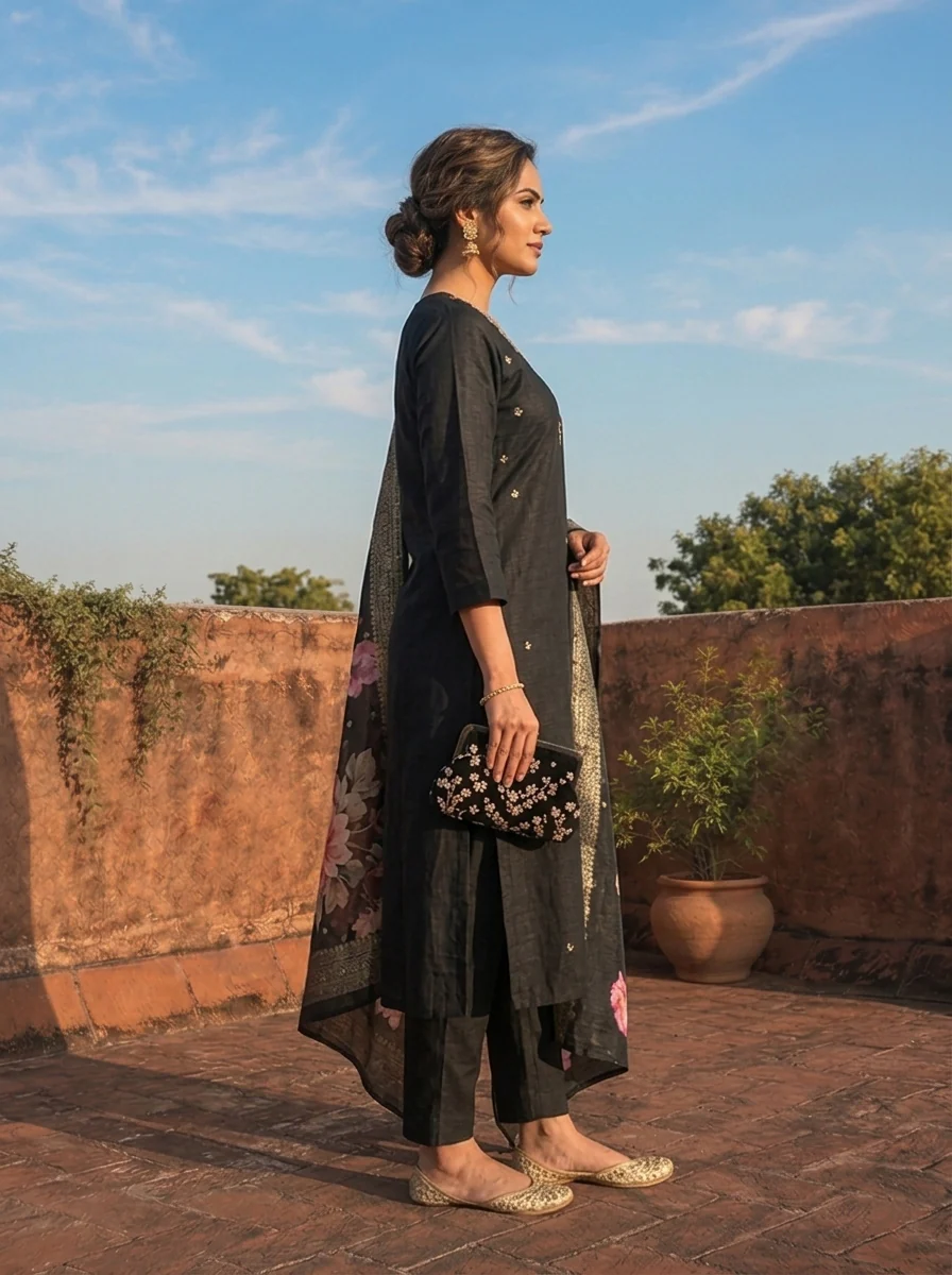 Black Rayon Tiny Golden Butti Embroidered Three Piece Set - Image 3