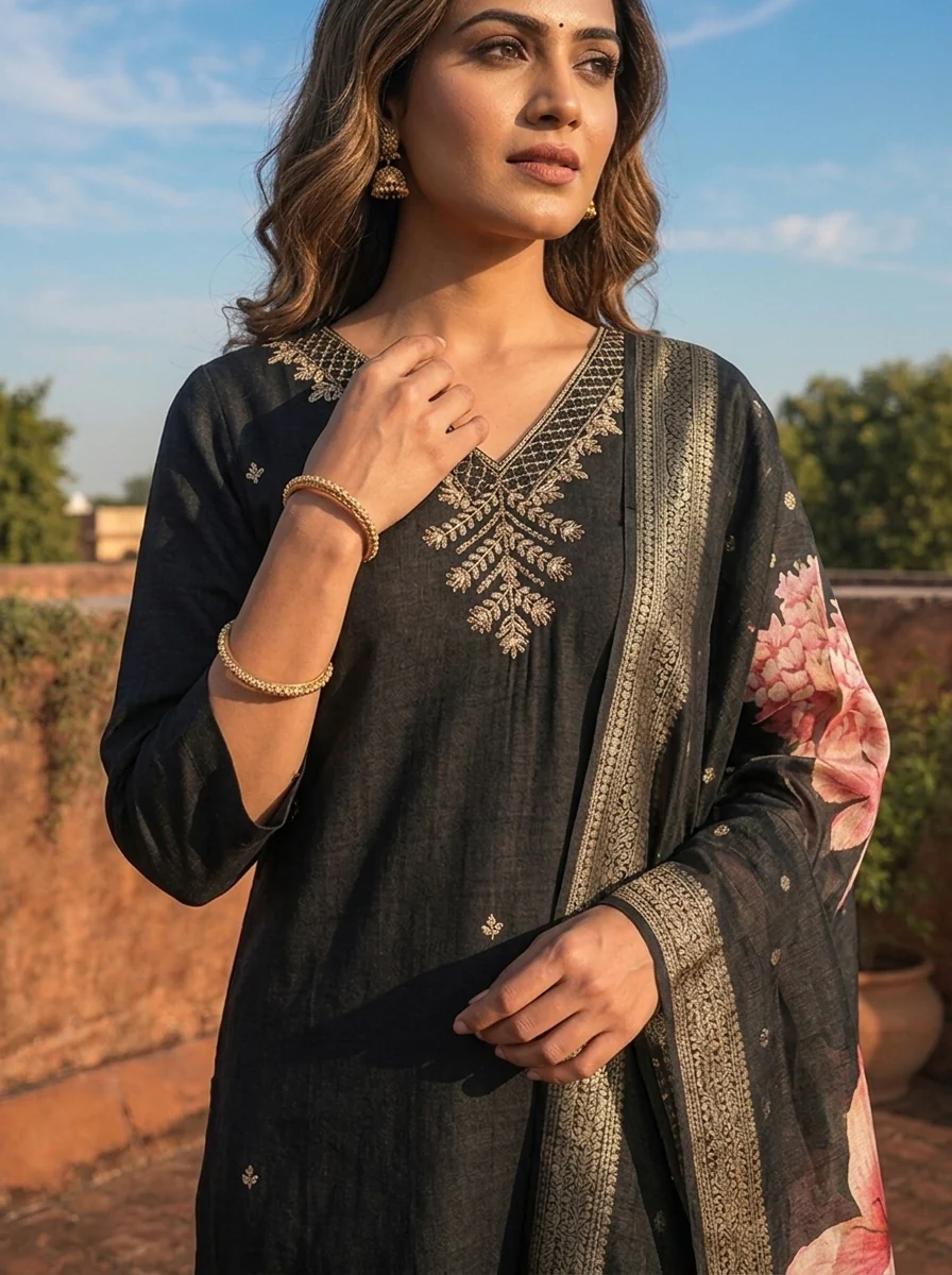 Black Rayon Tiny Golden Butti Embroidered Three Piece Set - Image 4
