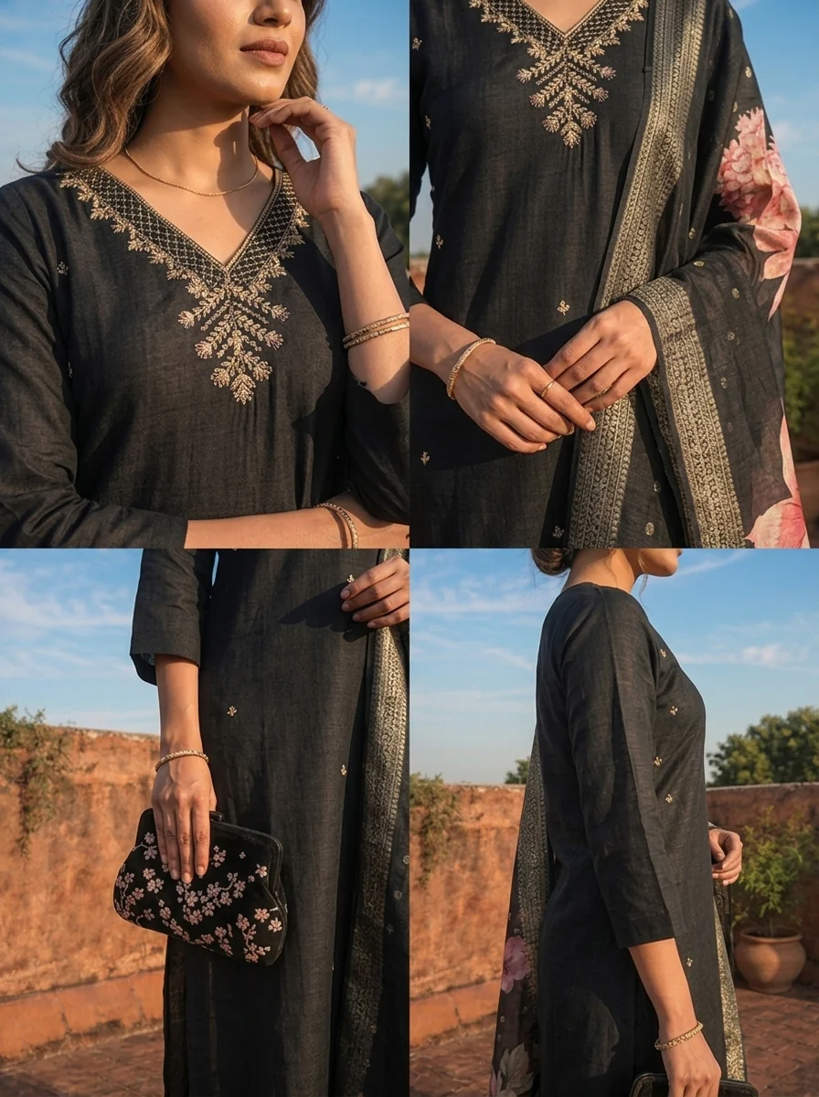 Black Rayon Tiny Golden Butti Embroidered Three Piece Set - Image 5