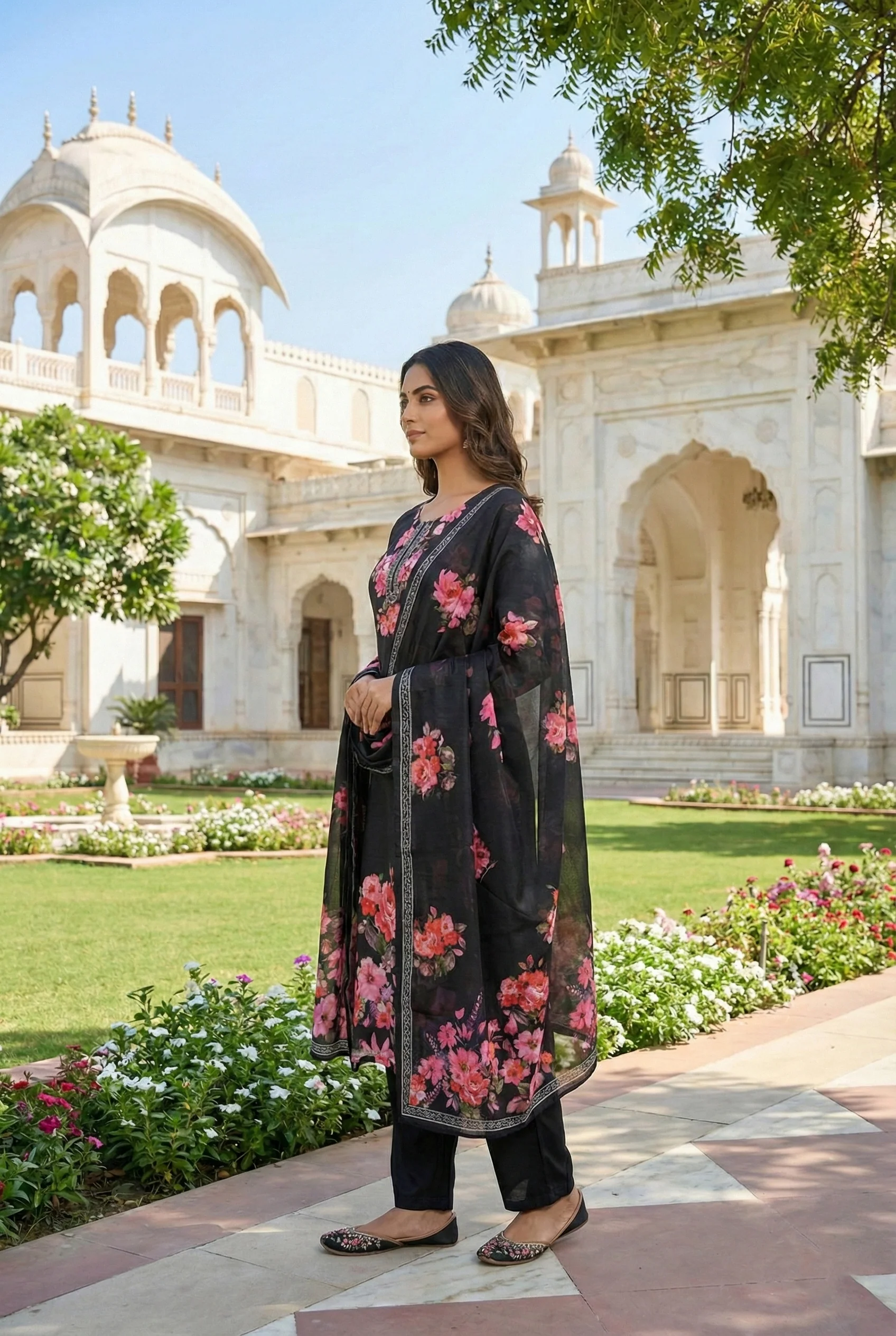 Black Silk Floral Digital Print Three Piece Set - Image 2