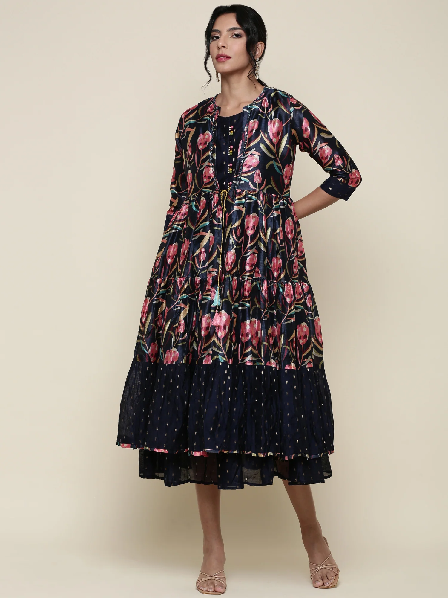 Black Silk Floral Printed Jacket and Gown set - Image 5