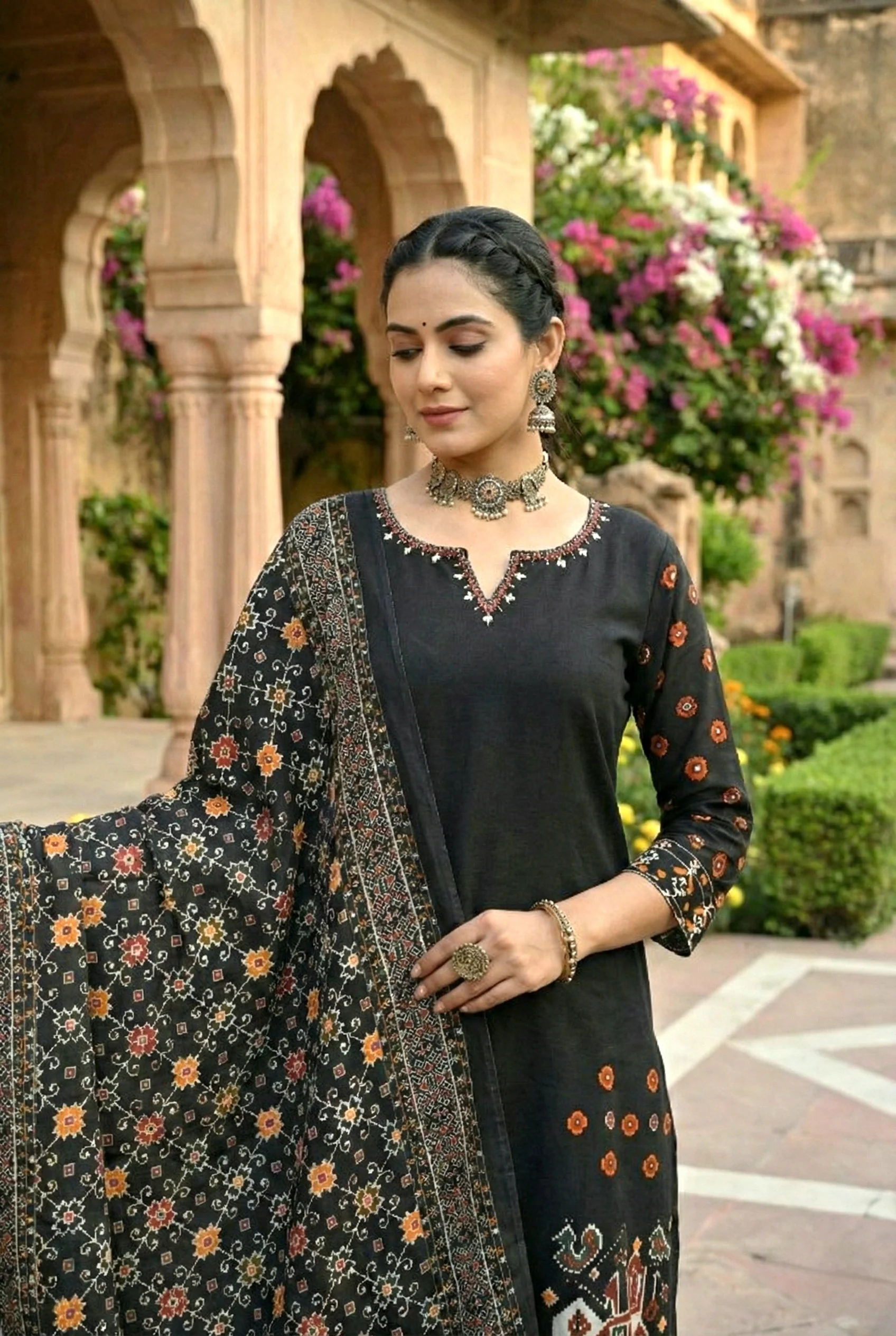 Black Silk Hand Embroidery Three Piece Set - Image 4