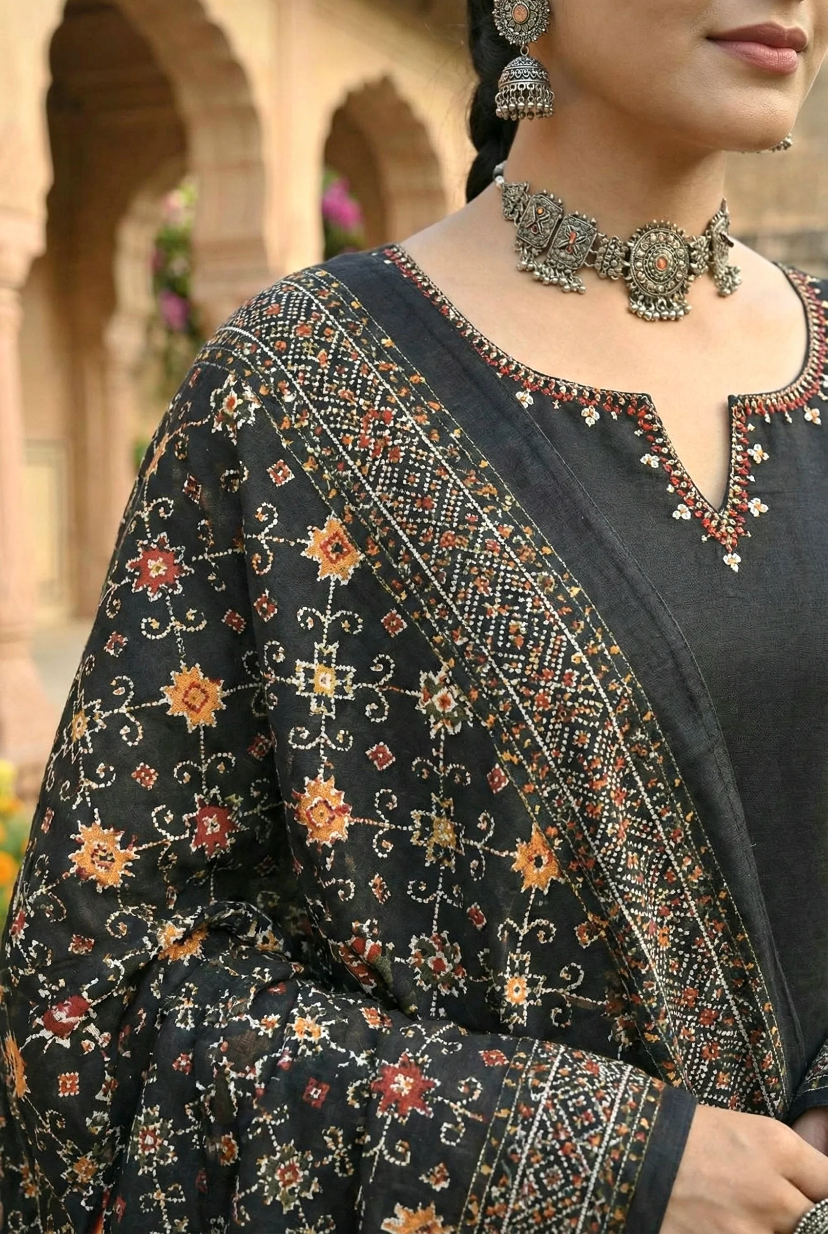 Black Silk Hand Embroidery Three Piece Set - Image 5