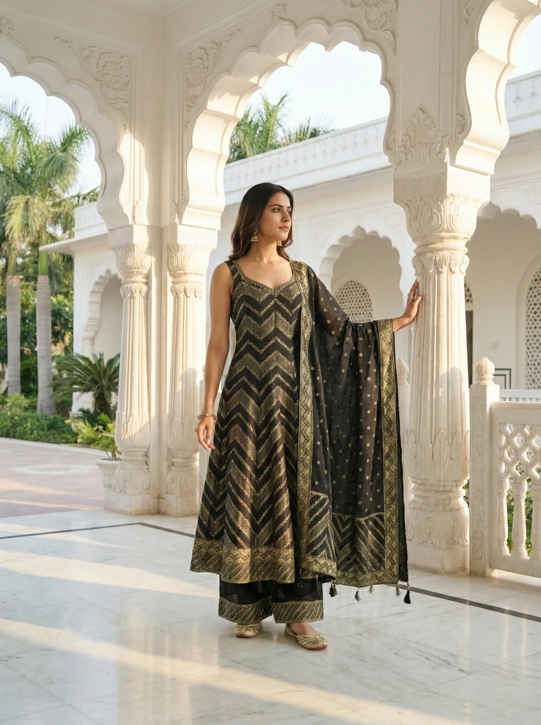 Black Silk Zari Embroidery Anarkali Set - Image 2