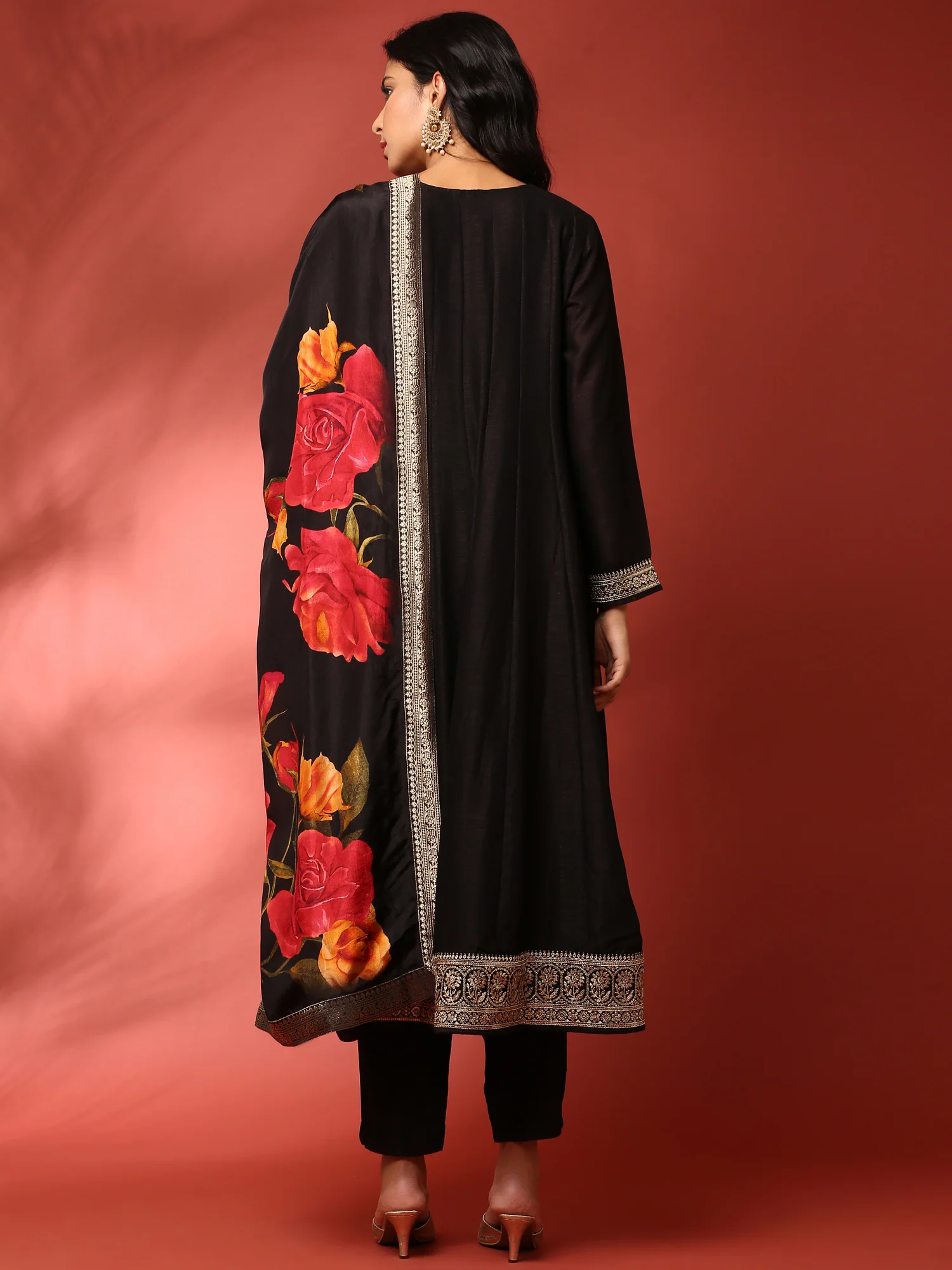 Black Vichitra silk aari embroidered three piece anarkali set - Image 3