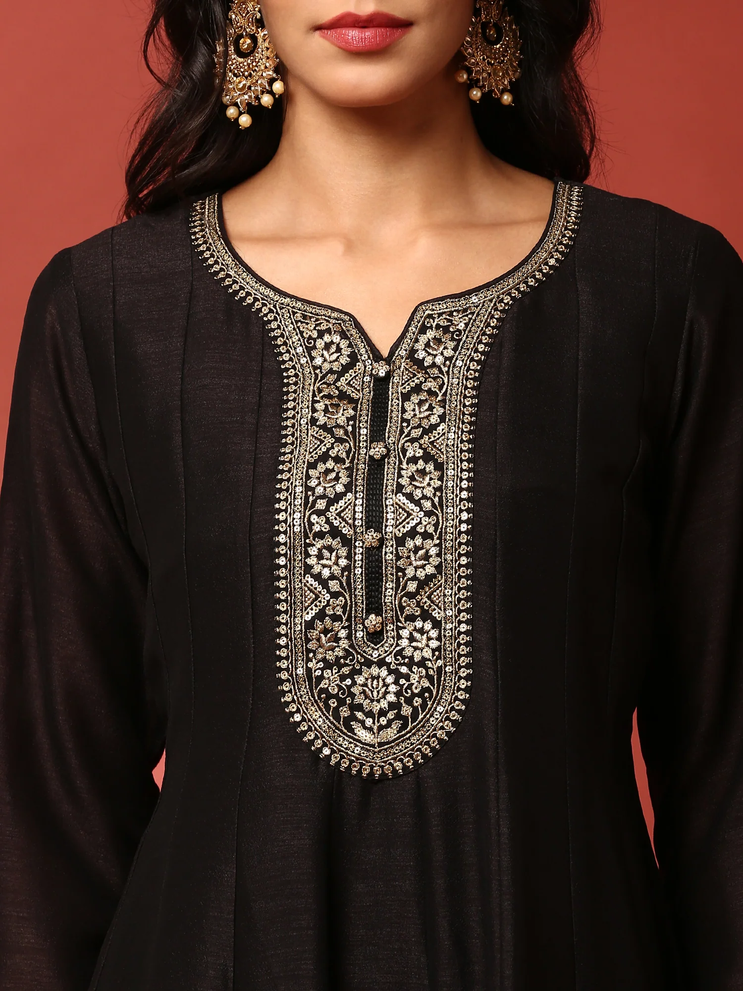 Black Vichitra silk aari embroidered three piece anarkali set - Image 4