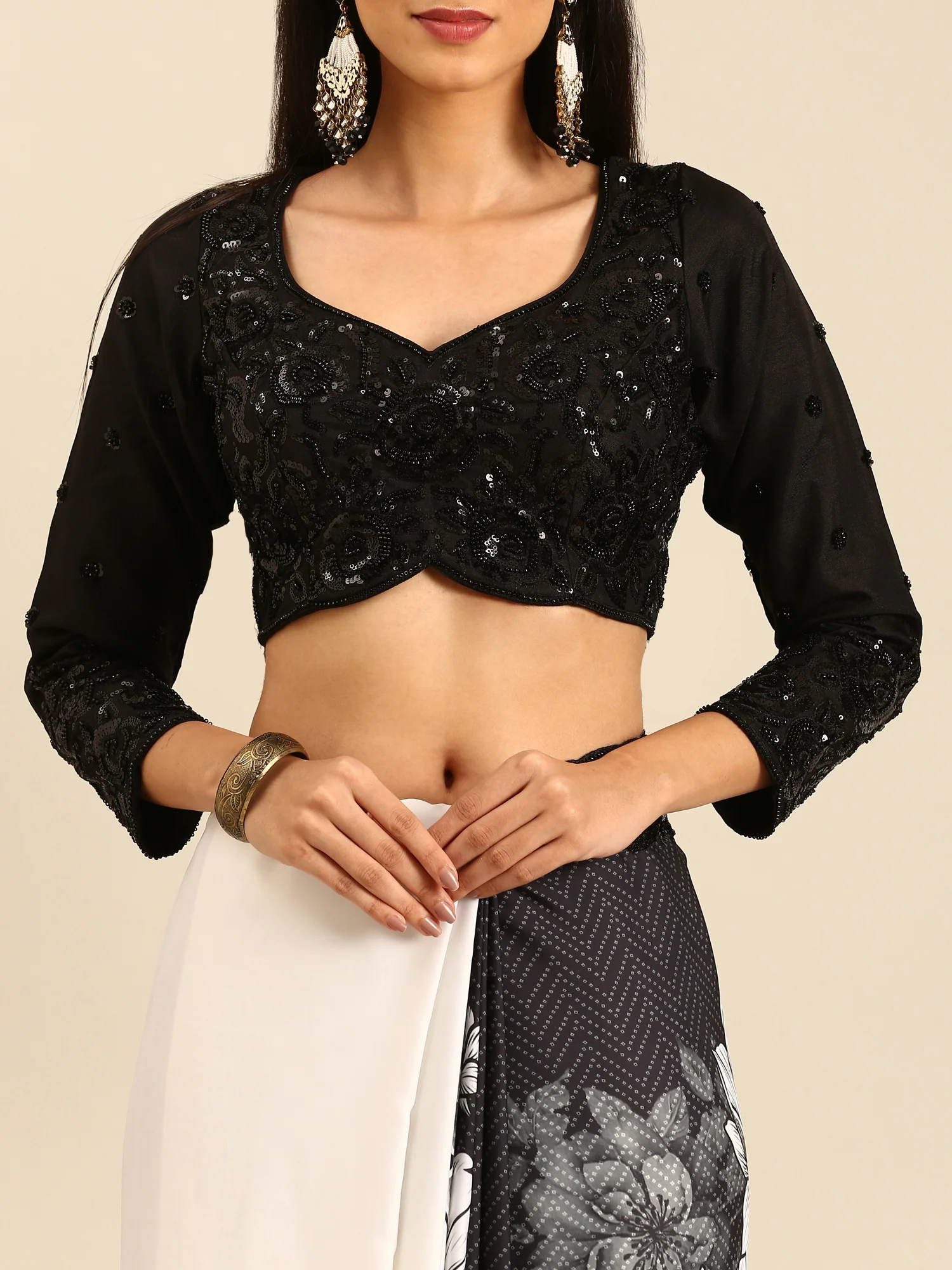Black & white satin printed saree with hand embroidery & ready made blouse - Image 6