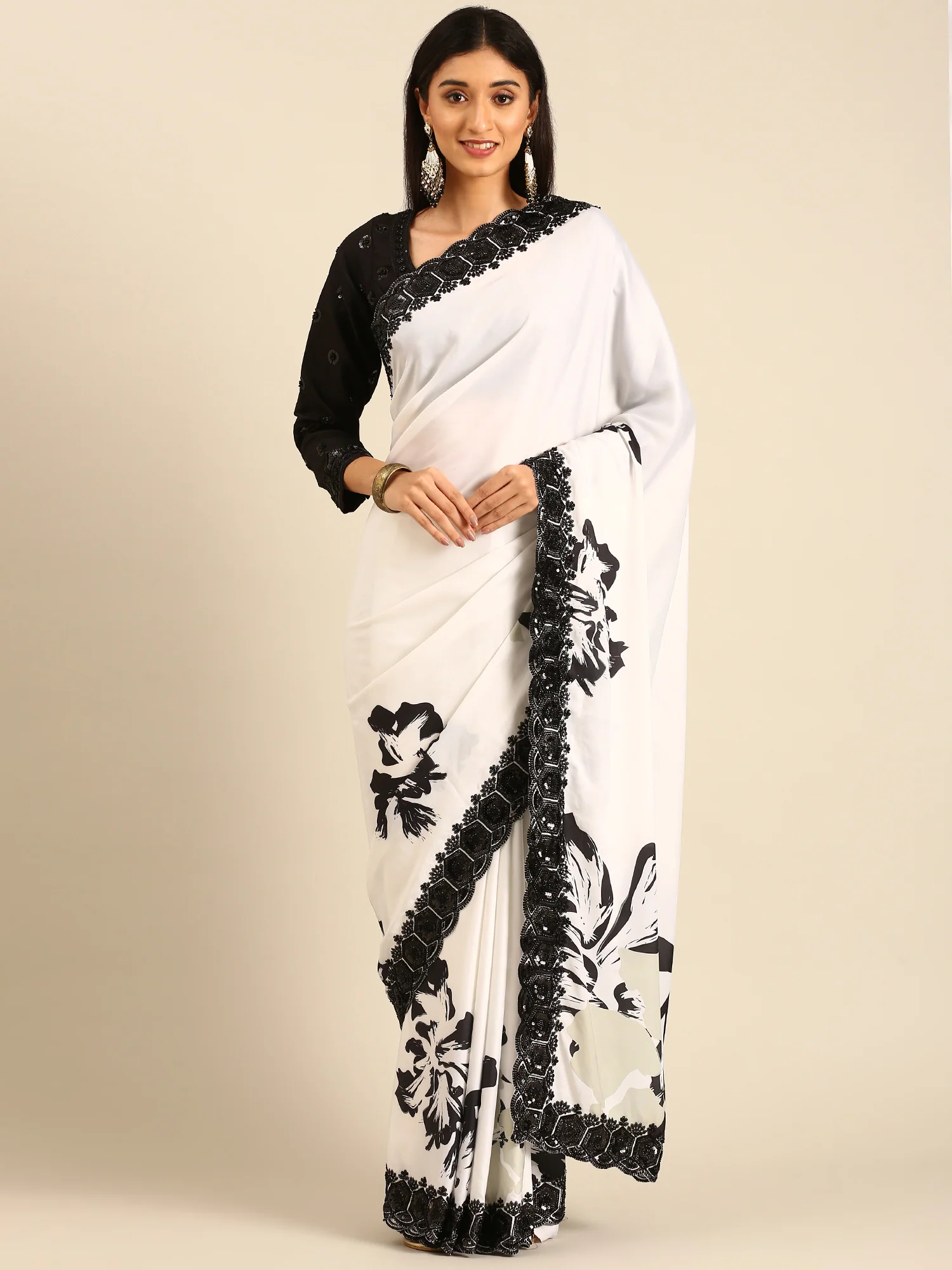Black & White Satin Printed Saree With Hand Embroidery & Readymade Blouse - Image 2