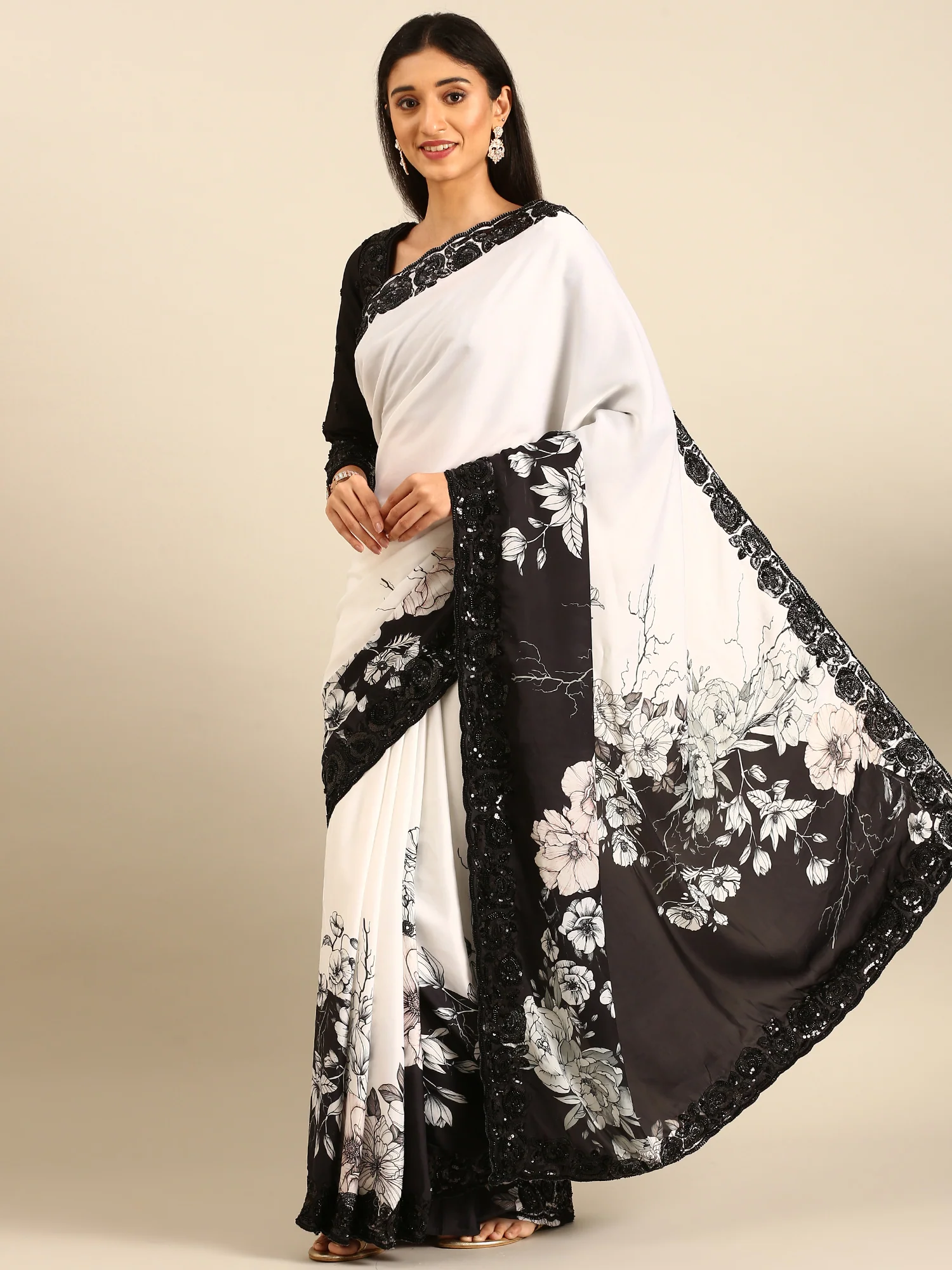 Black & White Satin Printed Saree With Hand Embroidery & Readymade Blouse - Image 2