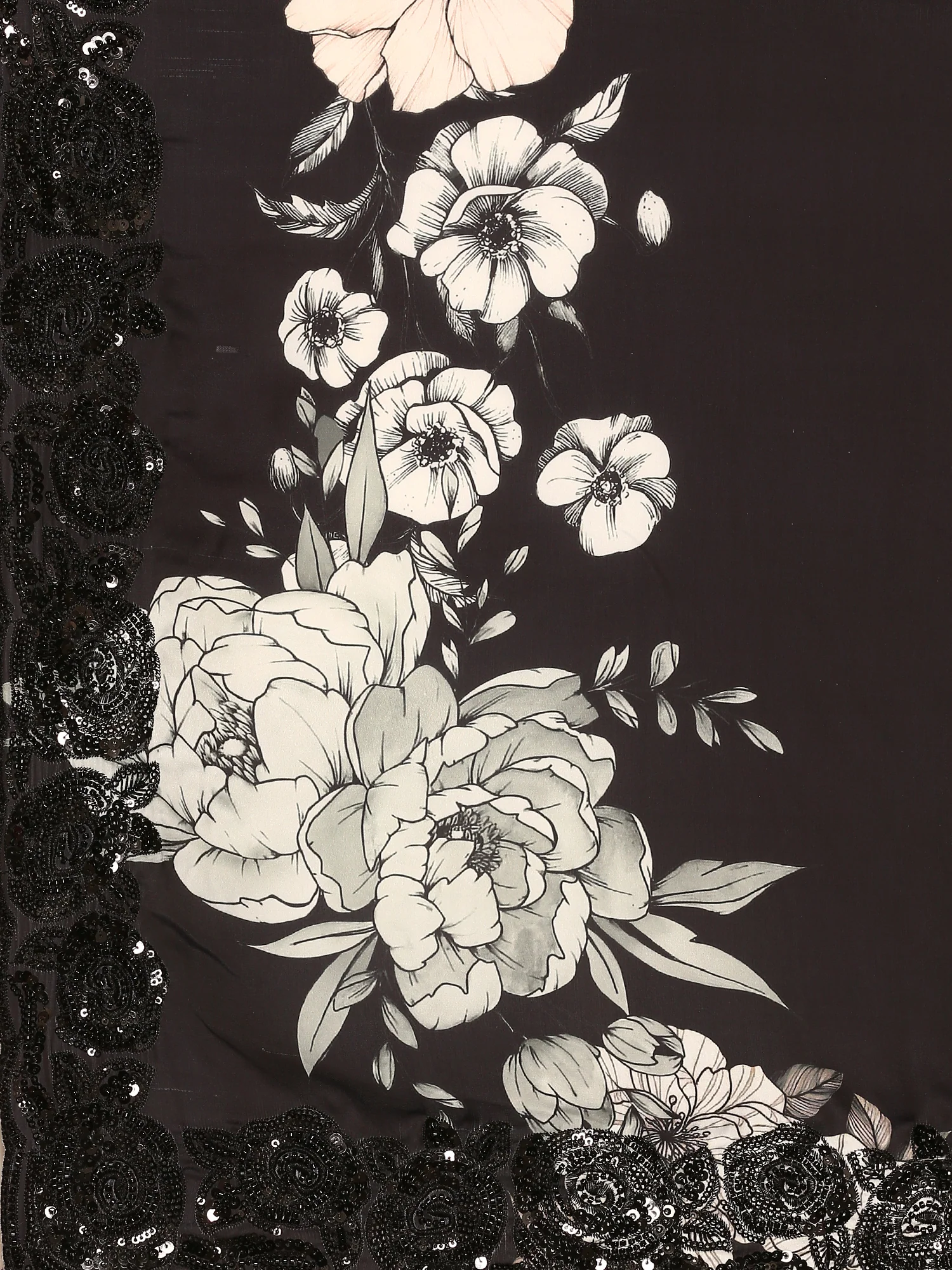 Black & White Satin Printed Saree With Hand Embroidery & Readymade Blouse - Image 6
