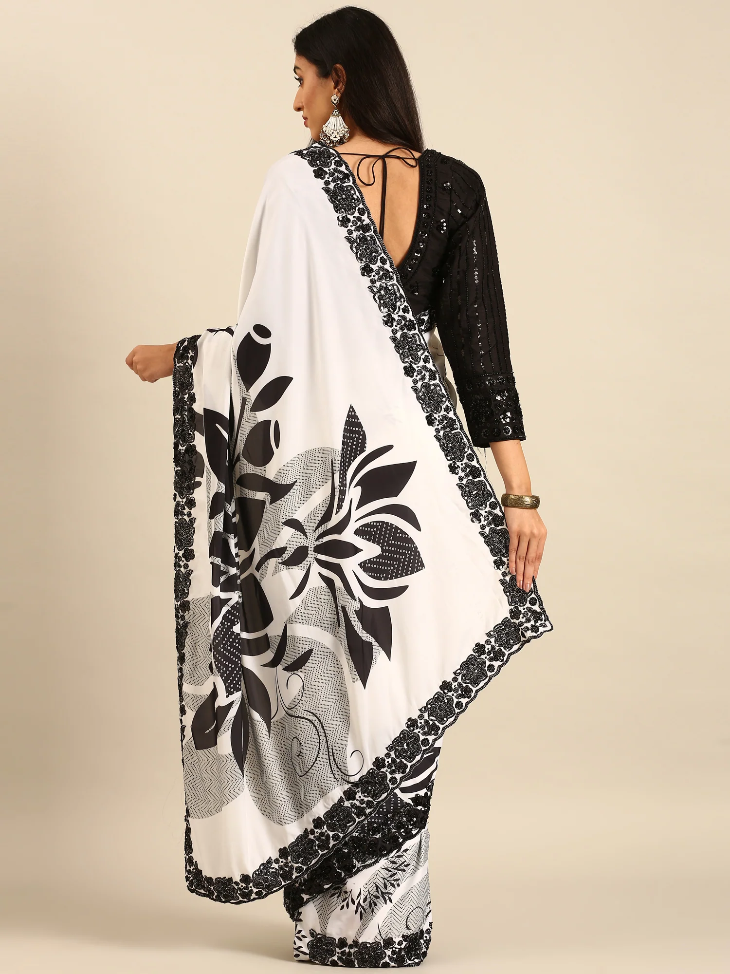 Black & White Satin Printed Saree With Hand Embroidery & Readymade blouse - Image 2