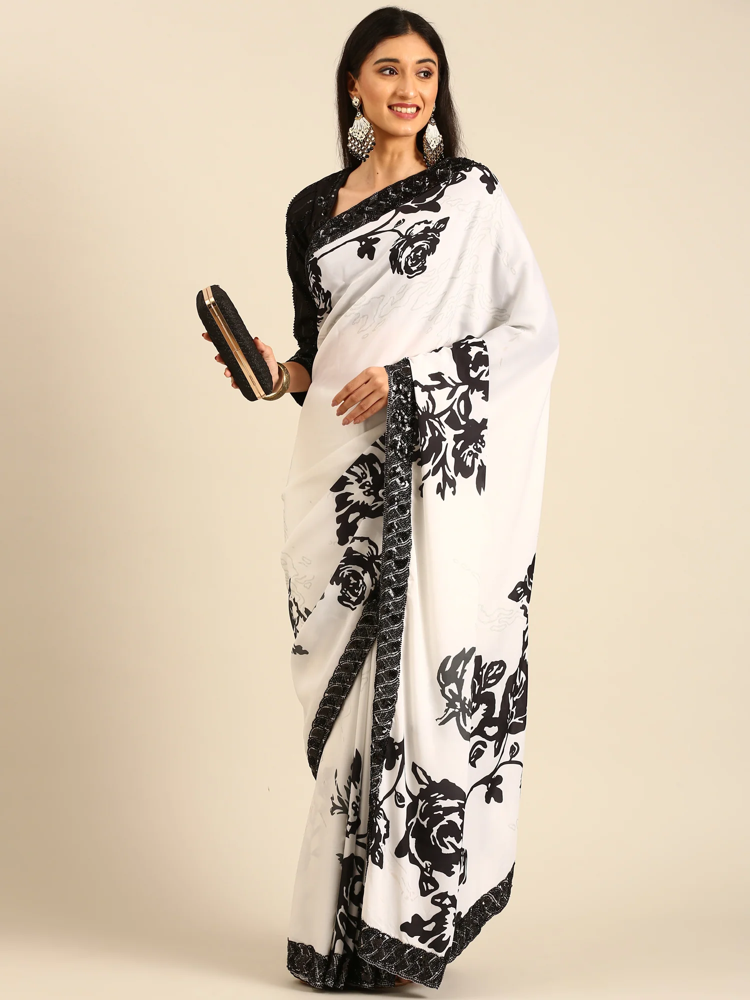 Black & White Satin Printed Saree With Hand Embroidery & Readymade Blouse - Image 4