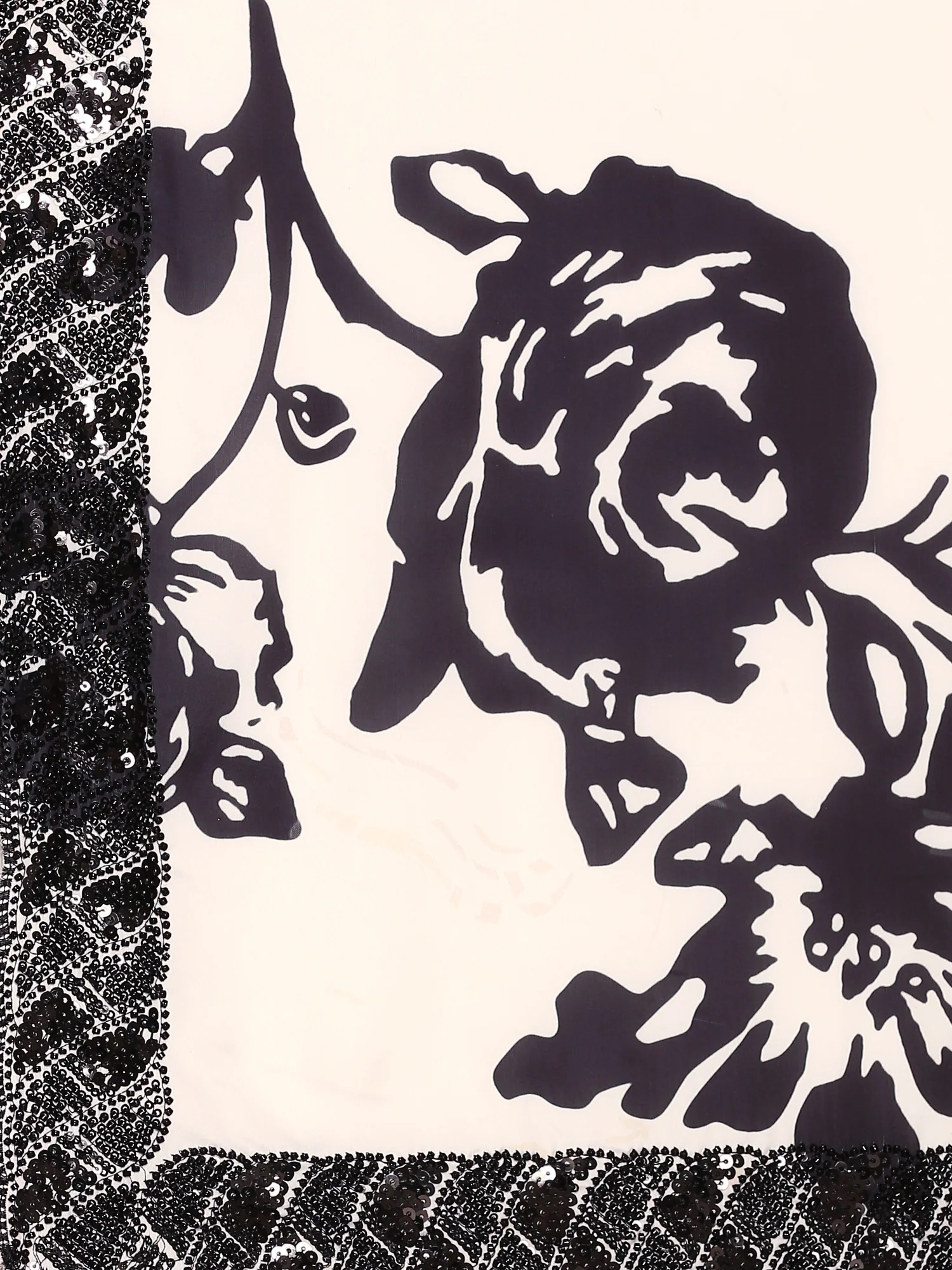 Black & White Satin Printed Saree With Hand Embroidery & Readymade Blouse - Image 5