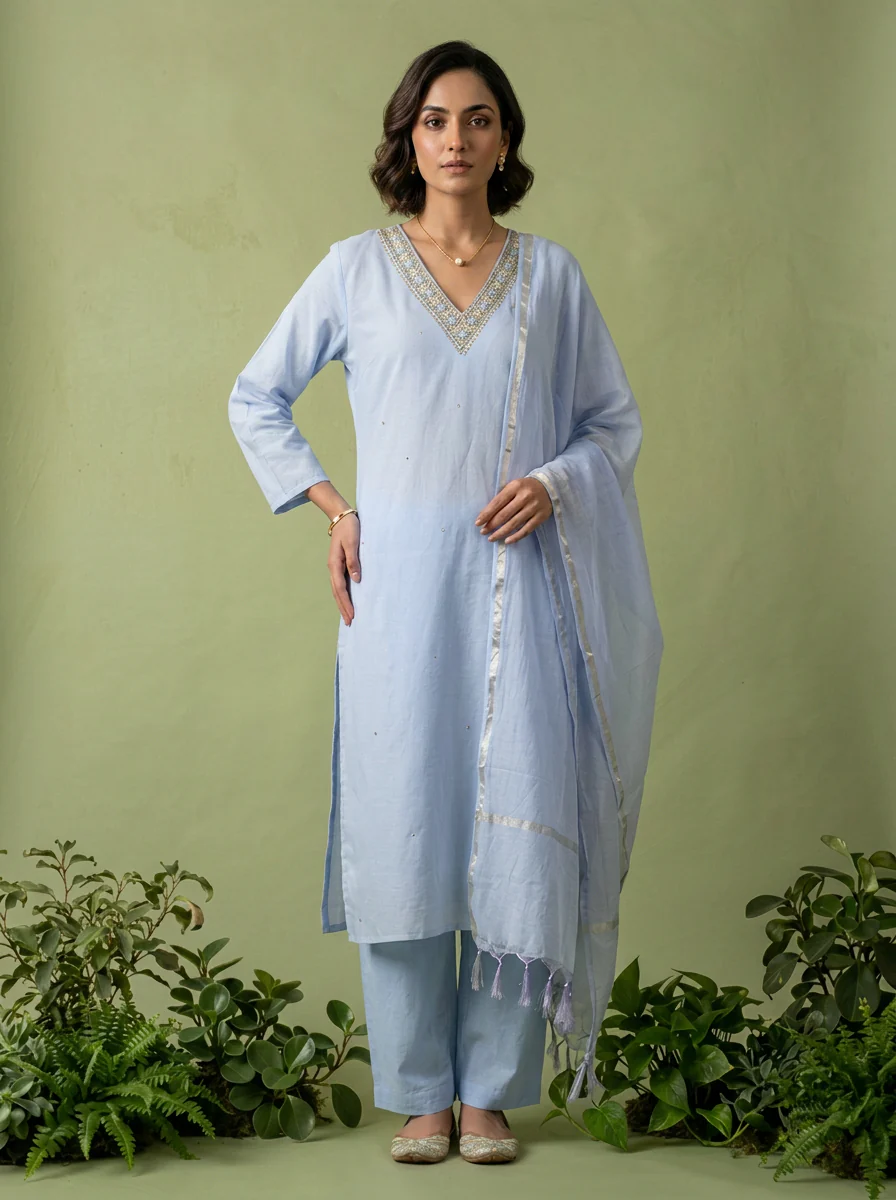 Blue Chanderi Beads And Thread Embroidery Three Piece Set - Image 2