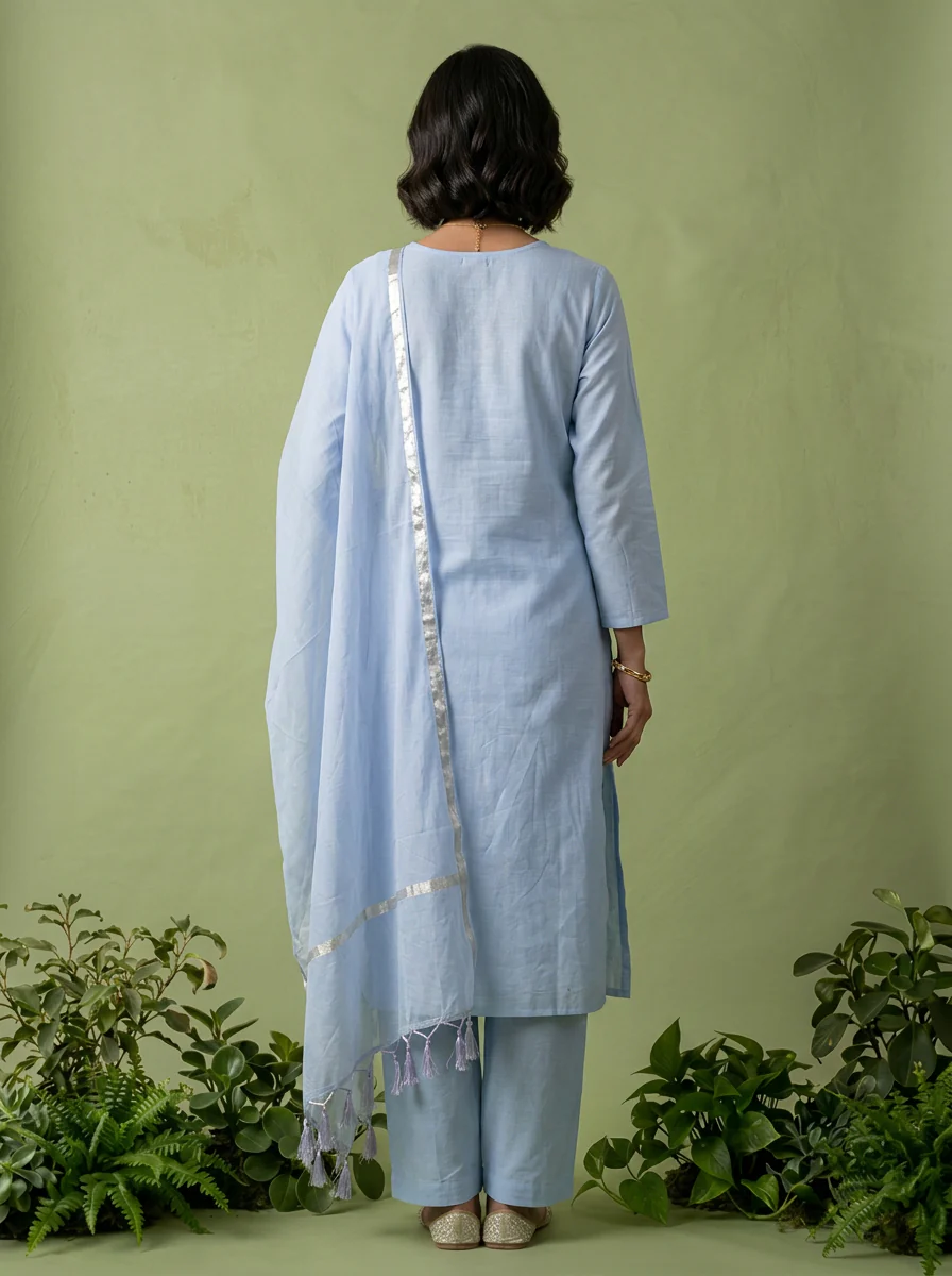 Blue Chanderi Beads And Thread Embroidery Three Piece Set - Image 3