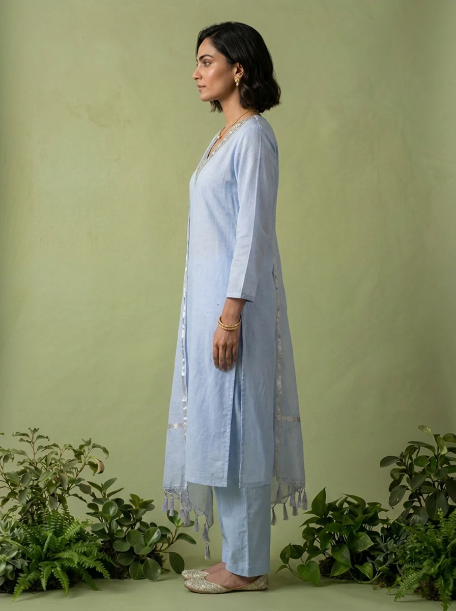 Blue Chanderi Beads And Thread Embroidery Three Piece Set - Image 4