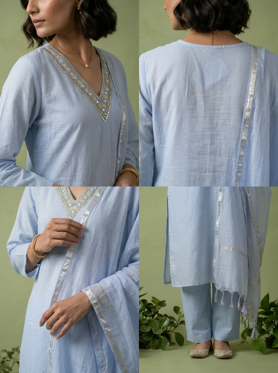 Blue Chanderi Beads And Thread Embroidery Three Piece Set - Image 5