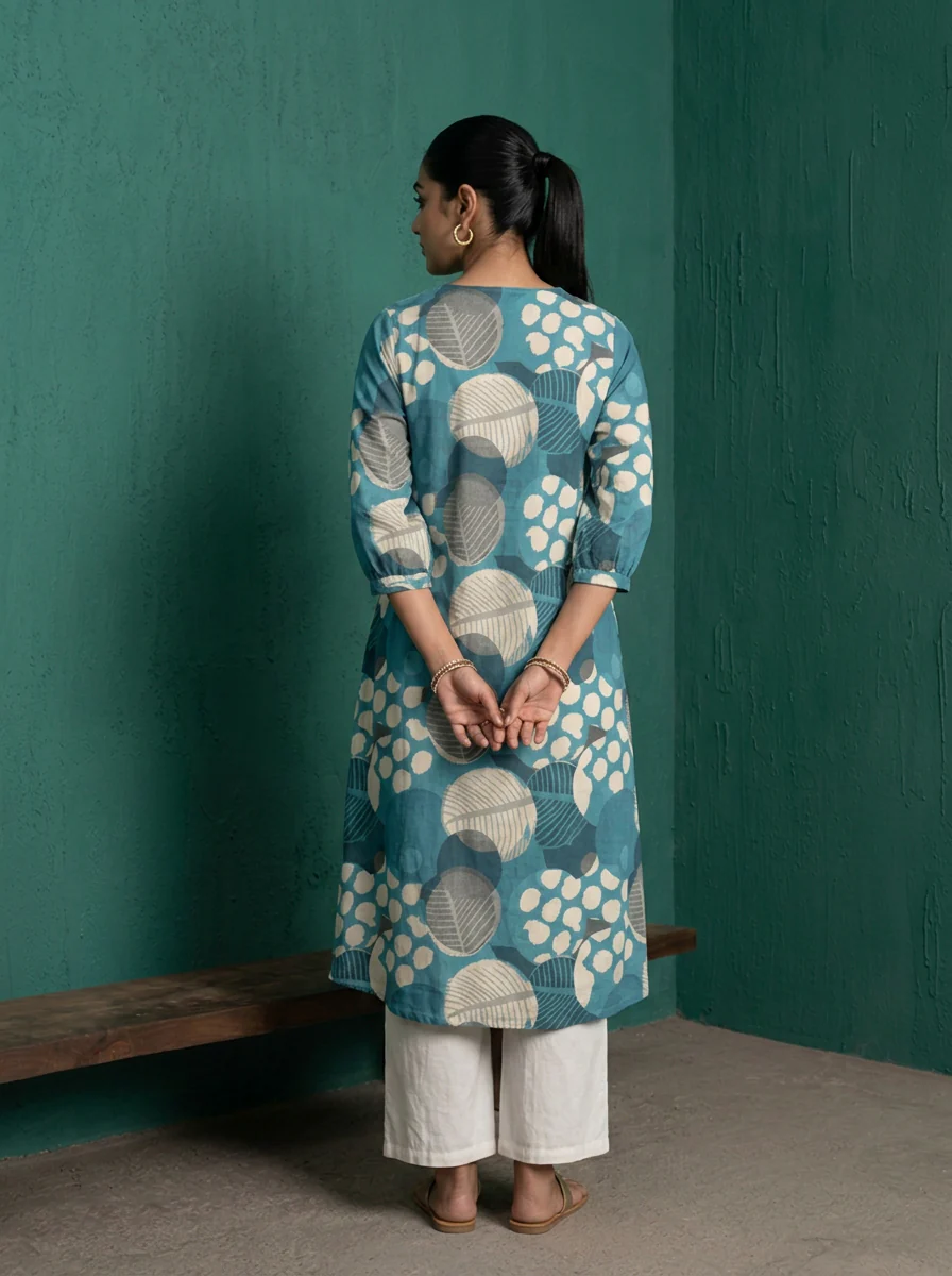 Blue Cotton Abstract Leaf Printed Kurta - Image 2