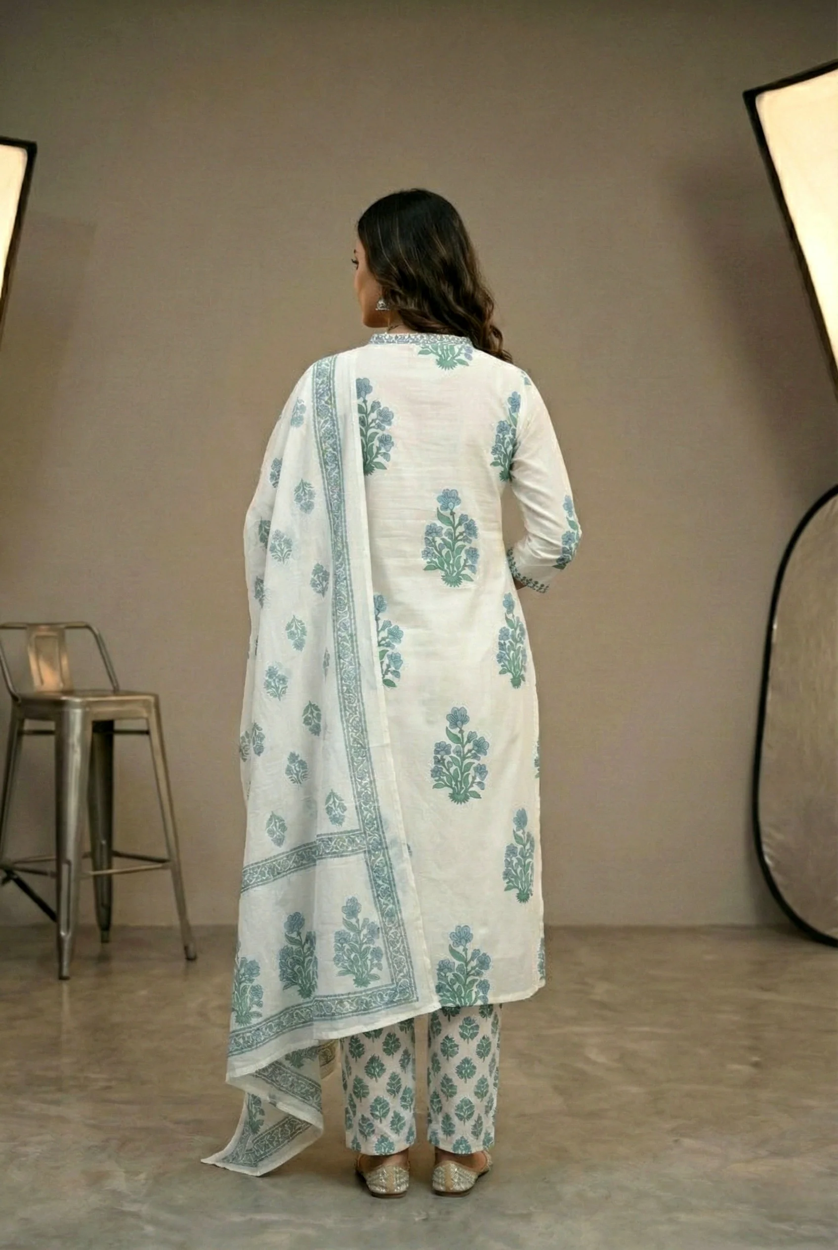 Blue Cotton Floral Digital Printed Three Piece Set - Image 3