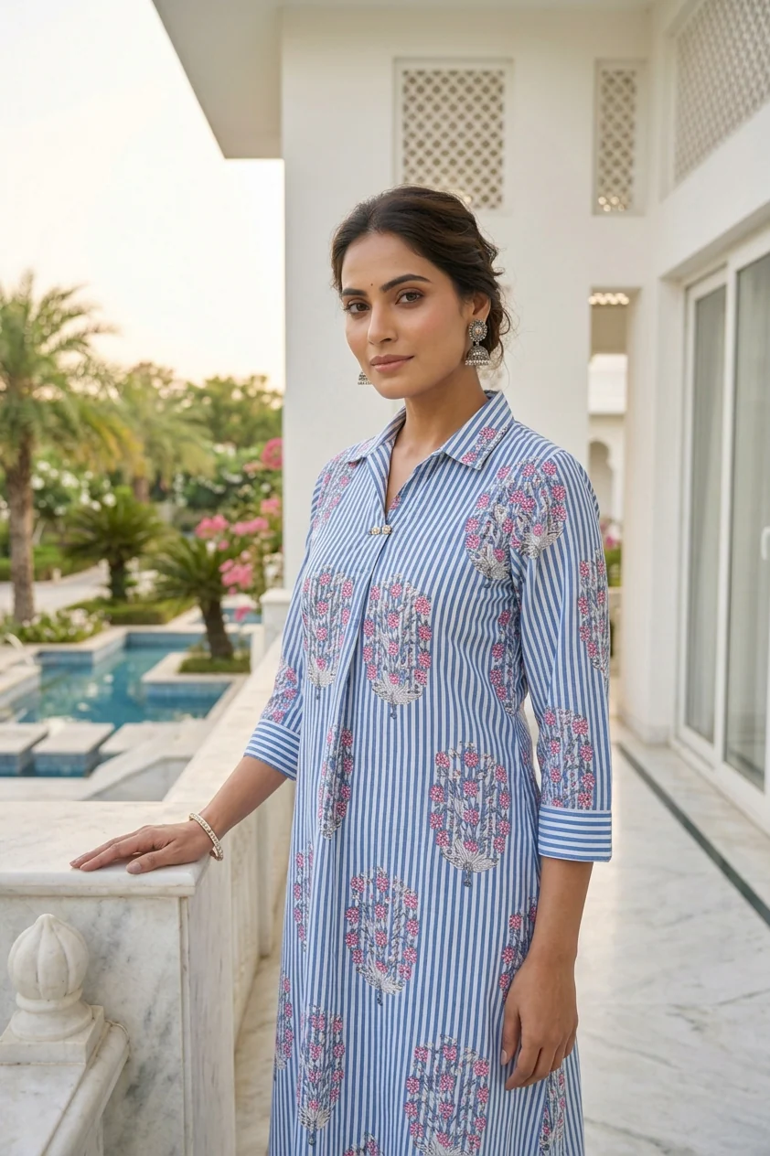 Blue Cotton Floral Digital Printed Two Piece Set - Image 4