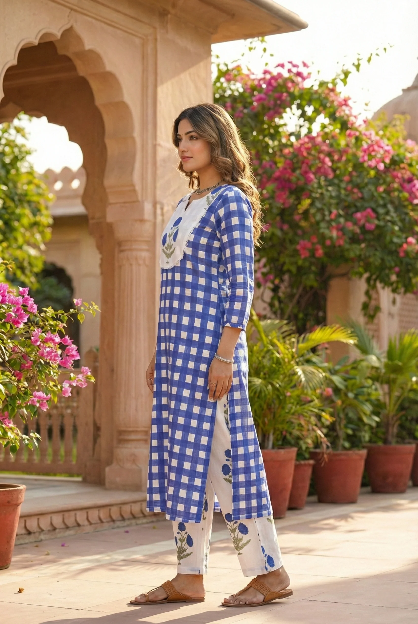 Blue Cotton Floral Printed And Checked Two Piece Set - Image 3