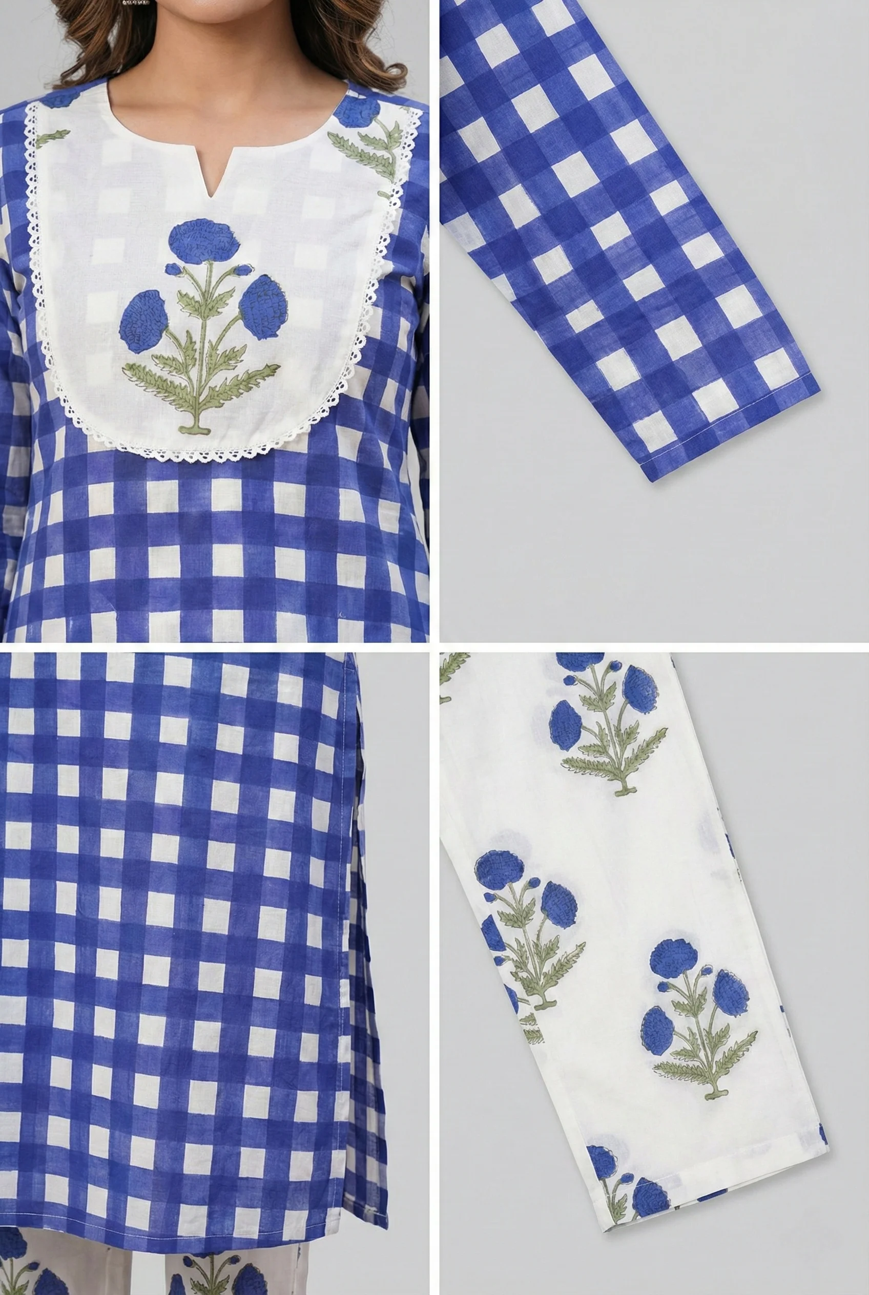 Blue Cotton Floral Printed And Checked Two Piece Set - Image 5